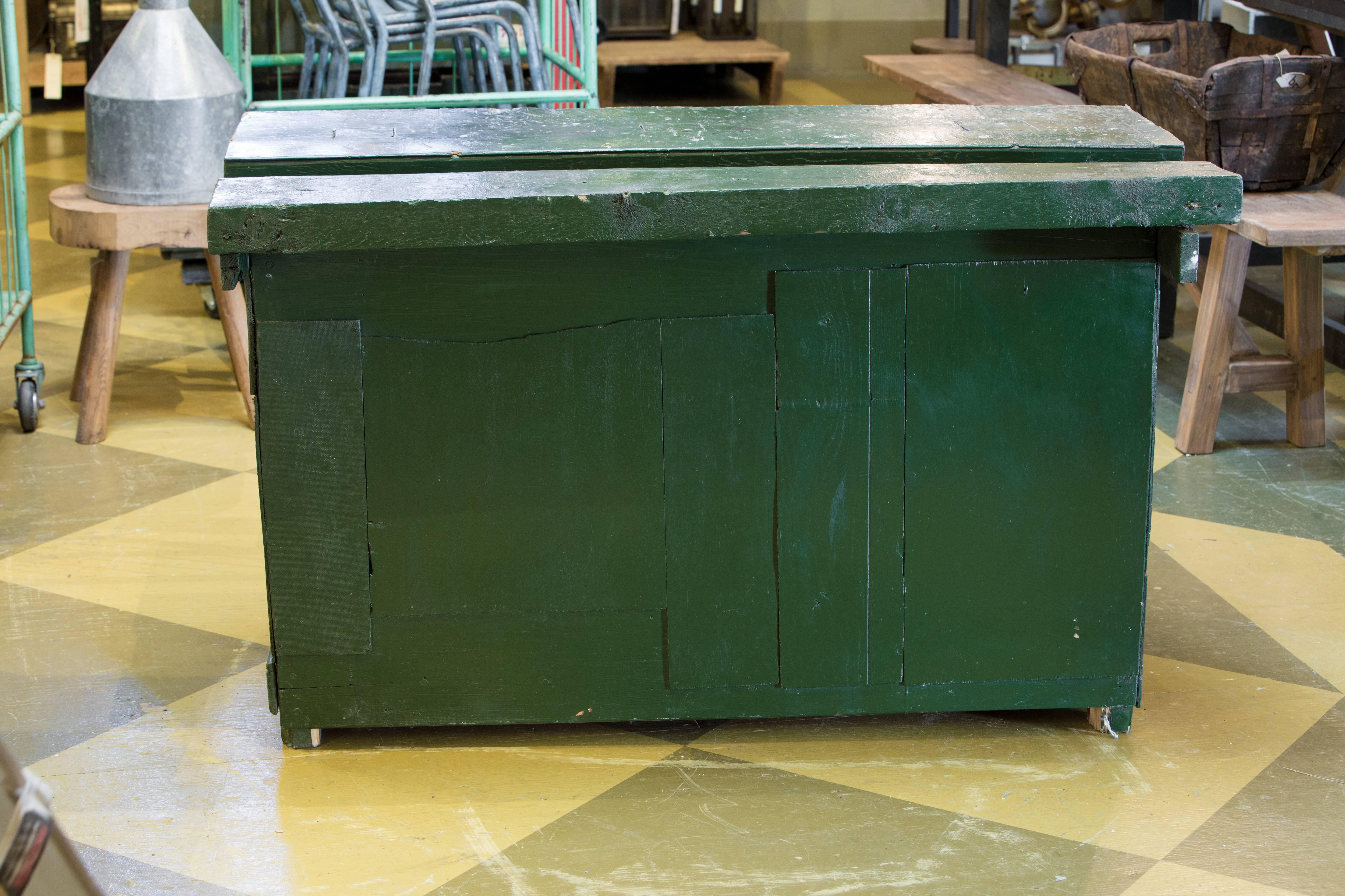 Hand-Crafted Vintage Green Belgian Industrial Work Bench with Drawers, circa 1920