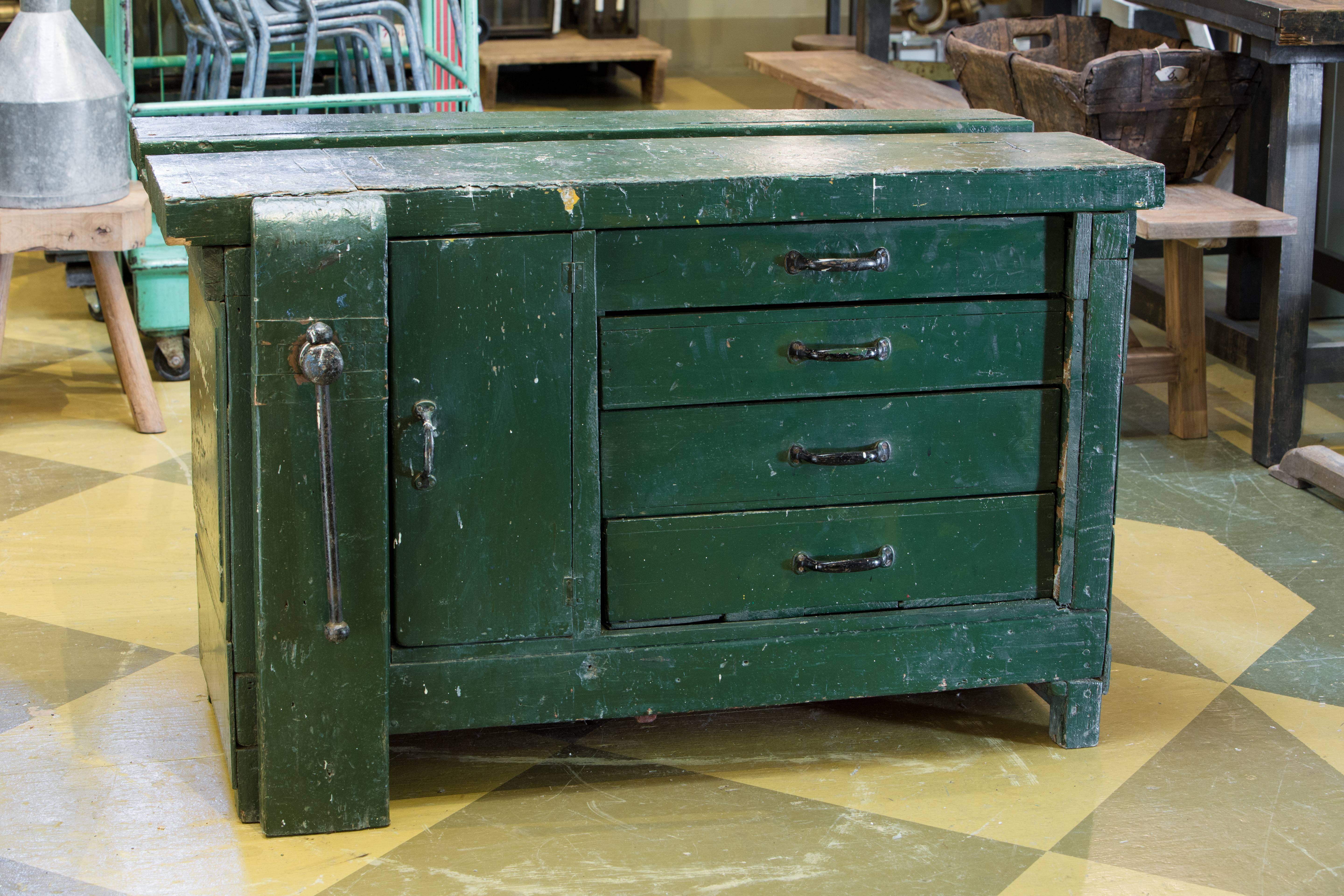 Vintage Green Belgian Industrial Work Bench with Drawers, circa 1920 In Good Condition In Houston, TX