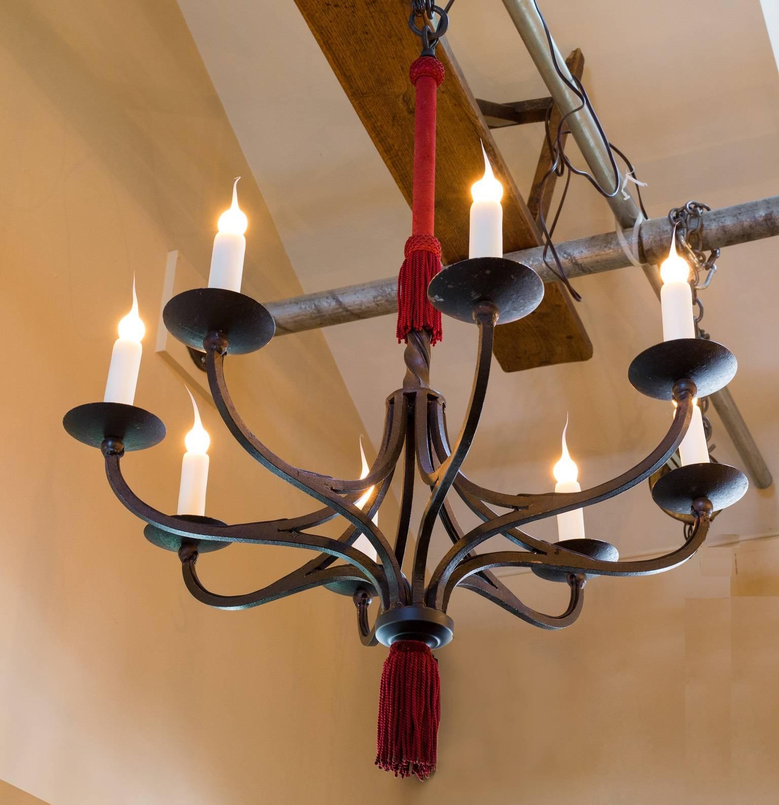 Spanish Colonial Pair of Vintage Spanish Hand-Forged Iron Chandeliers with Original Fringe Accent