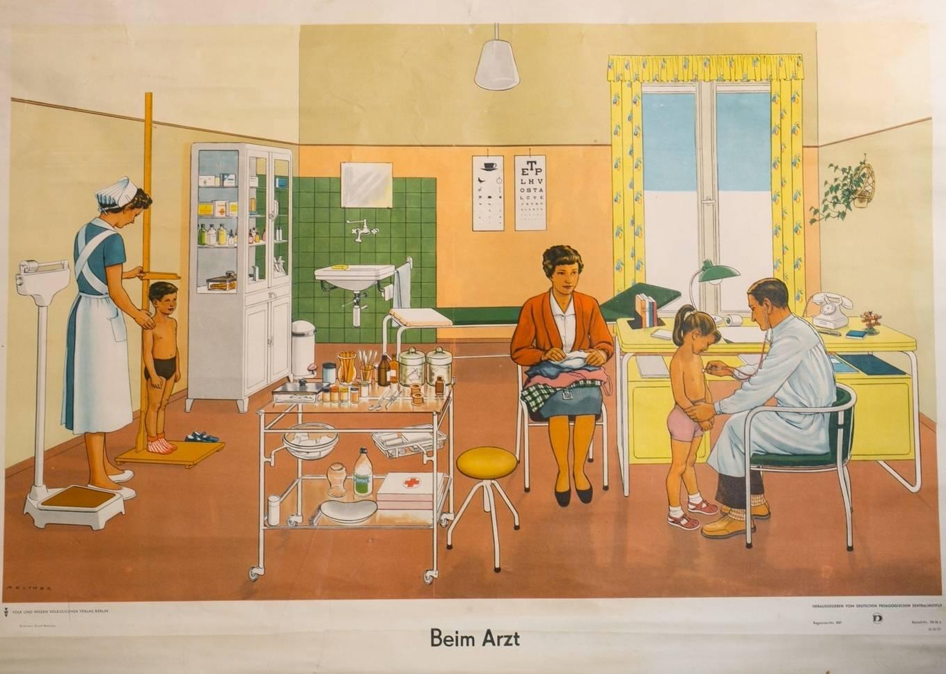 Mid-Century Modern Set of Two German Charts, Children Visiting the Doctors Office, circa 1960