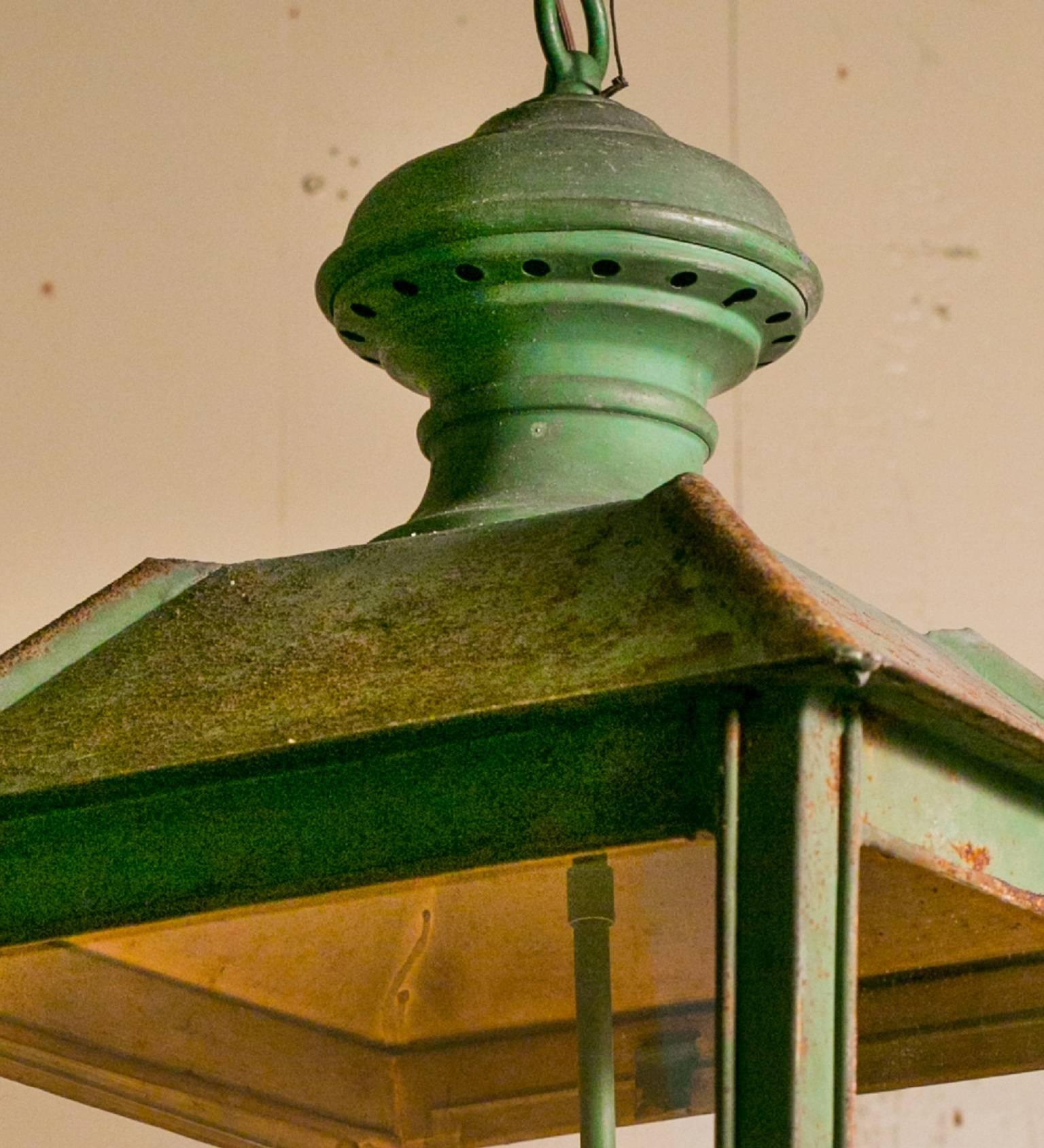 Painted Pair of Vintage FrenchTole Lanterns with Glass Panels