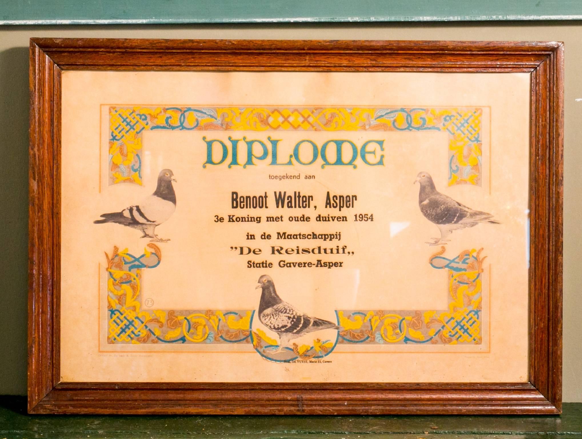 Mid-20th Century Collection of Vintage Framed Belgian Pigeon Championship Diplomas 