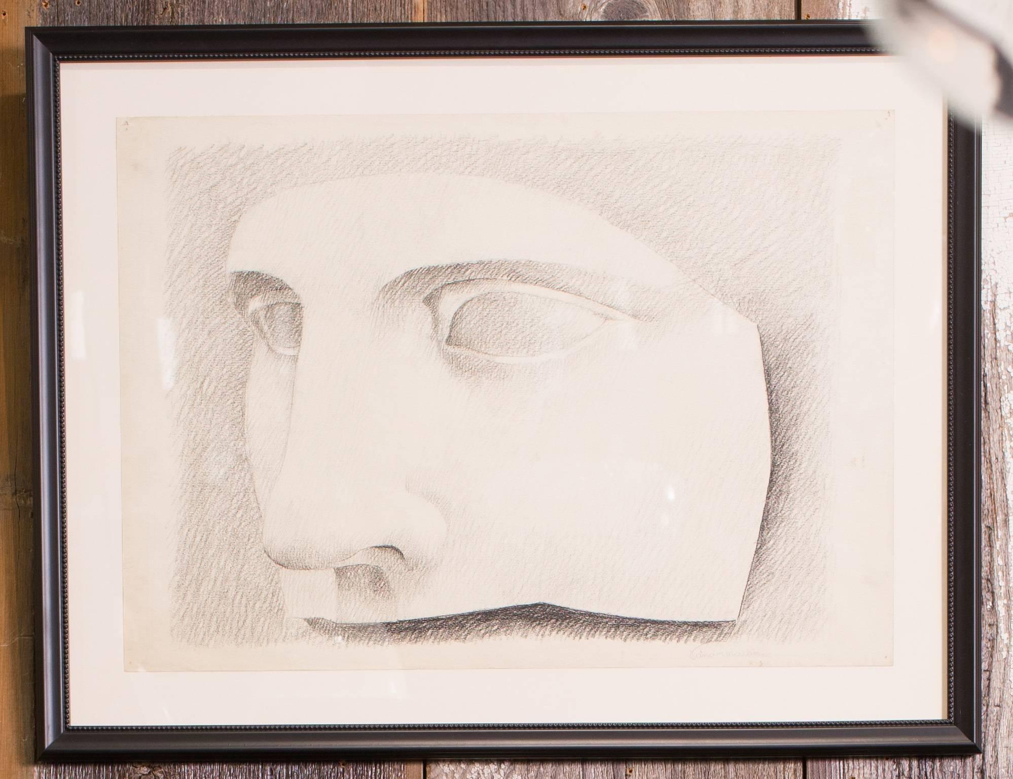 One of a kind, large black and white works of art, graphite drawn on paper depicting sculptural facial fragments of classical statues. From Belgium, circa 1950s. Mounted paper, newly framed behind glass in custom wood frames. All three sighed by the