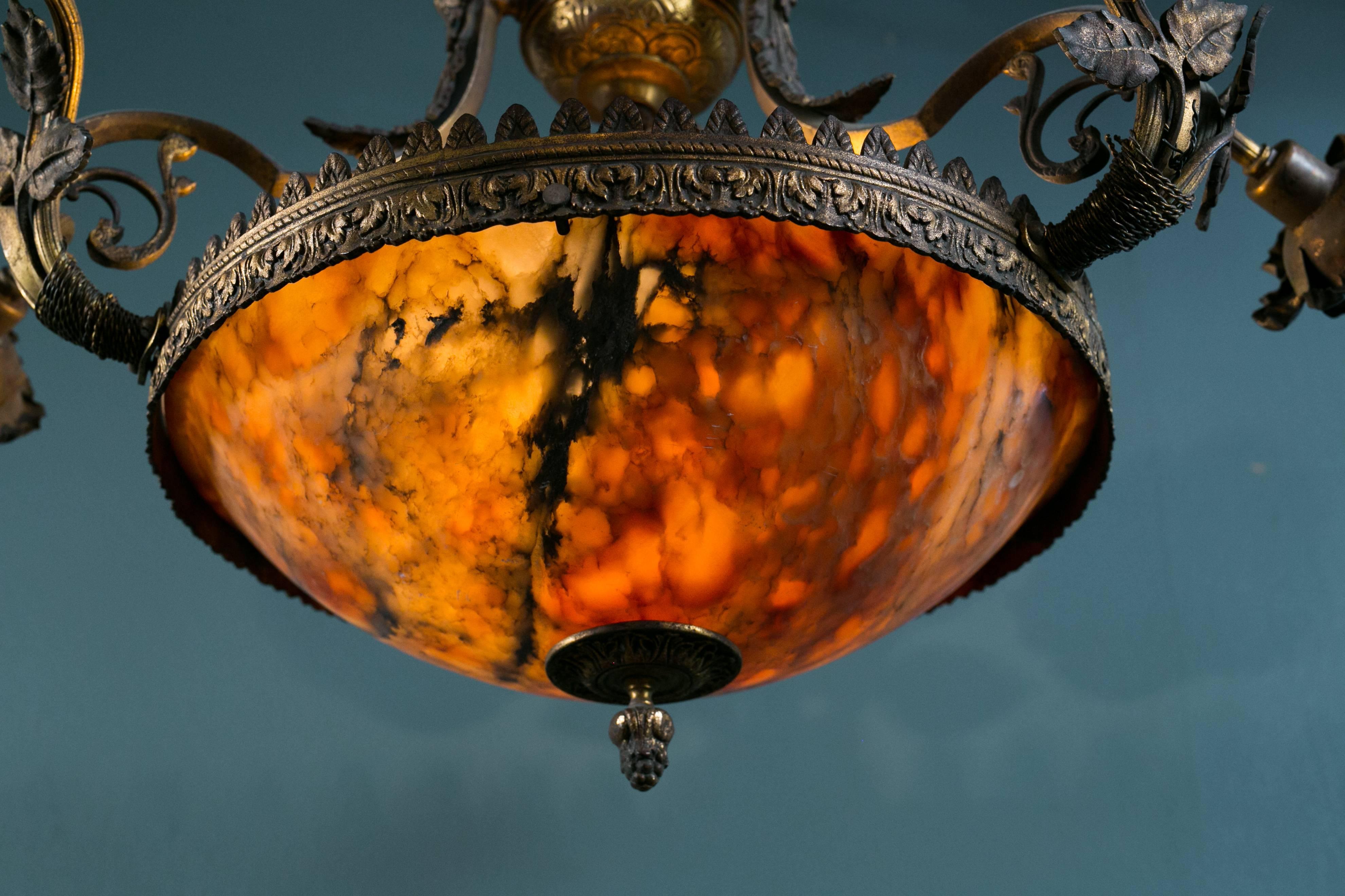 French Art Nouveau Floral Alabaster and Bronze Chandelier from France, circa 1890