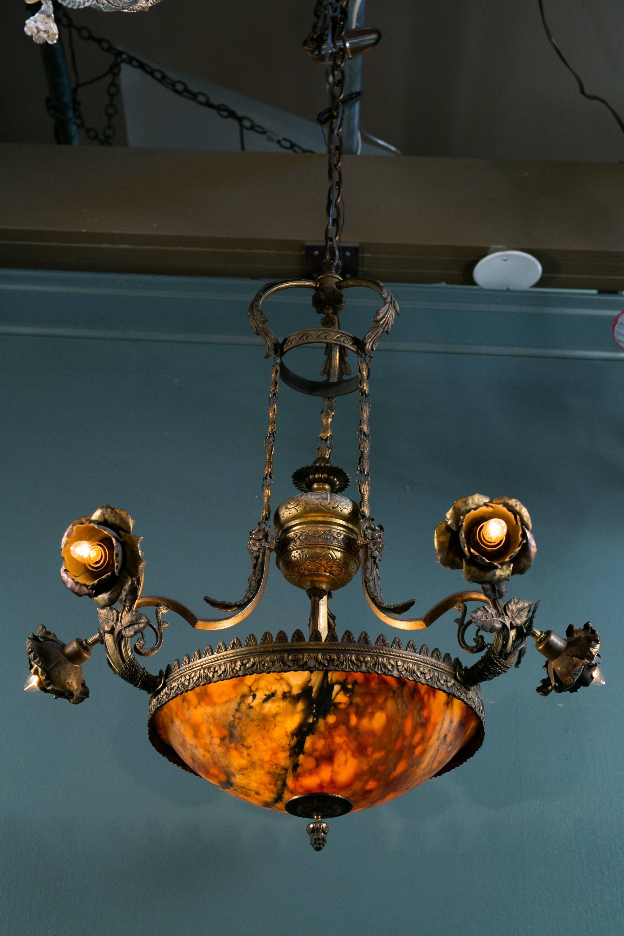 Art Nouveau Floral Alabaster and Bronze Chandelier from France, circa 1890 In Excellent Condition In Houston, TX