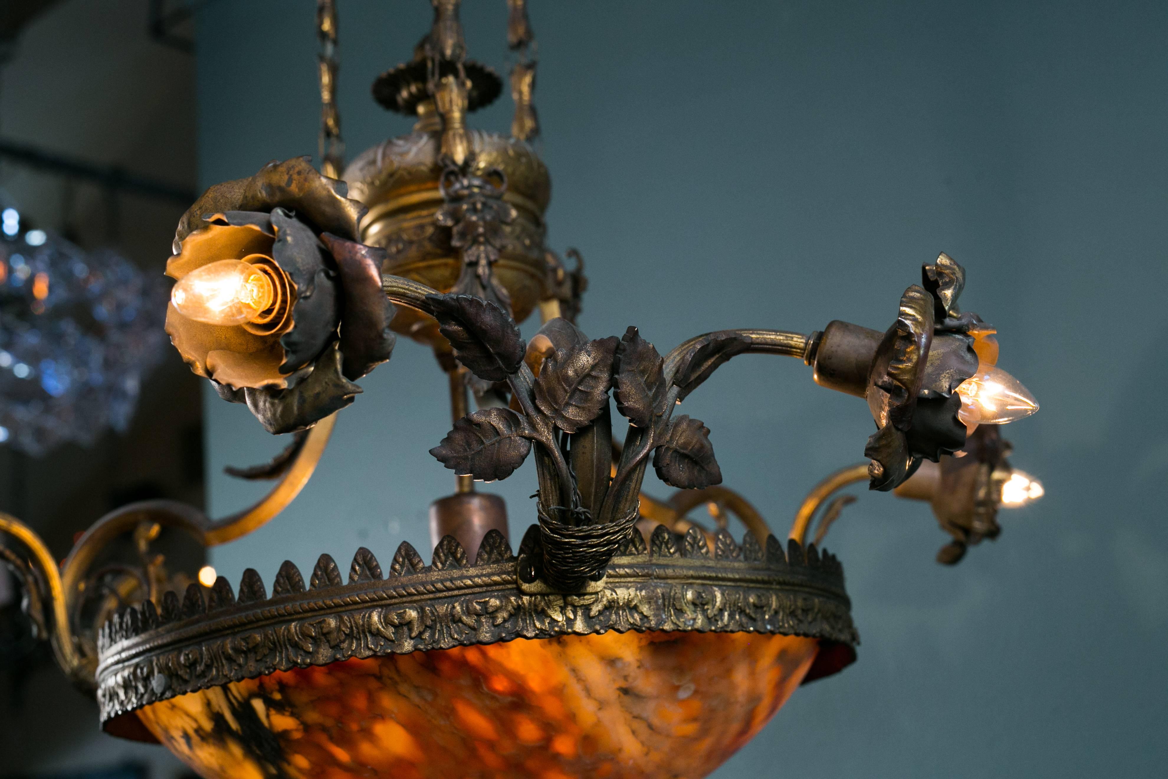 Art Nouveau Floral Alabaster and Bronze Chandelier from France, circa 1890 3