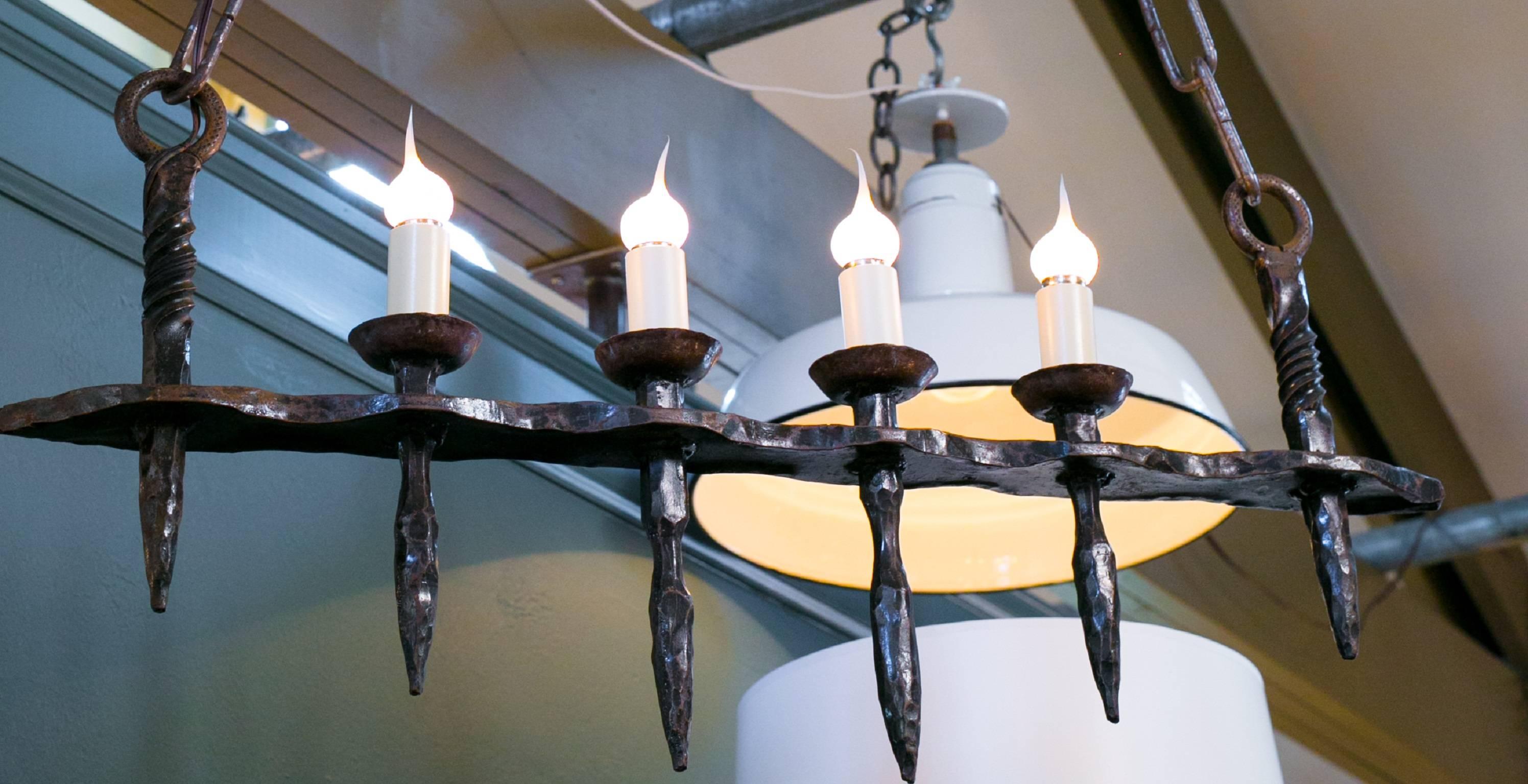 French Wrought Iron Brutalist Small Island Chandelierfrom France, circa 1950