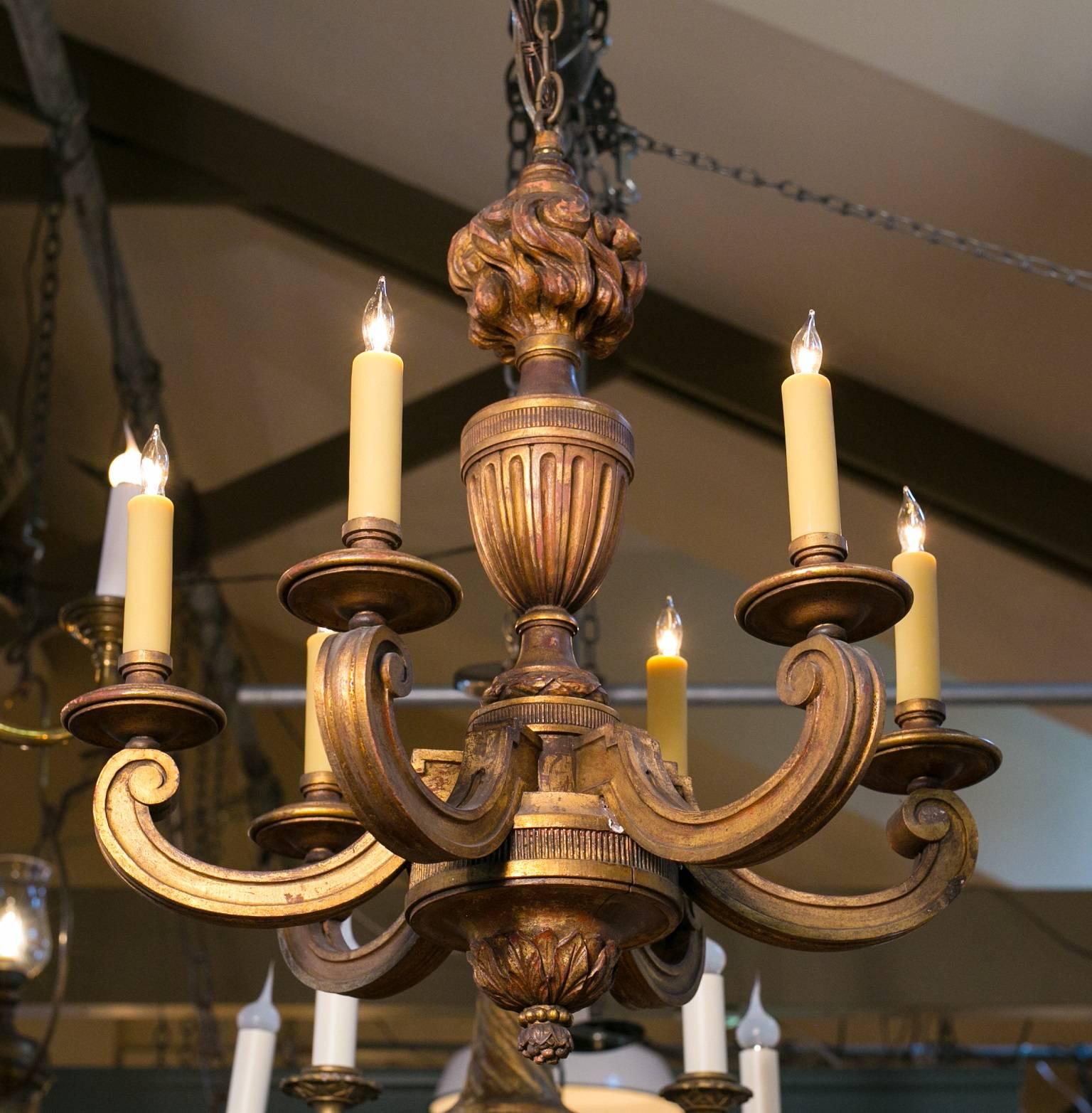 French Empire-Style, Antique, Carved Gilt Wood Chandelier with Six Arms. For Sale