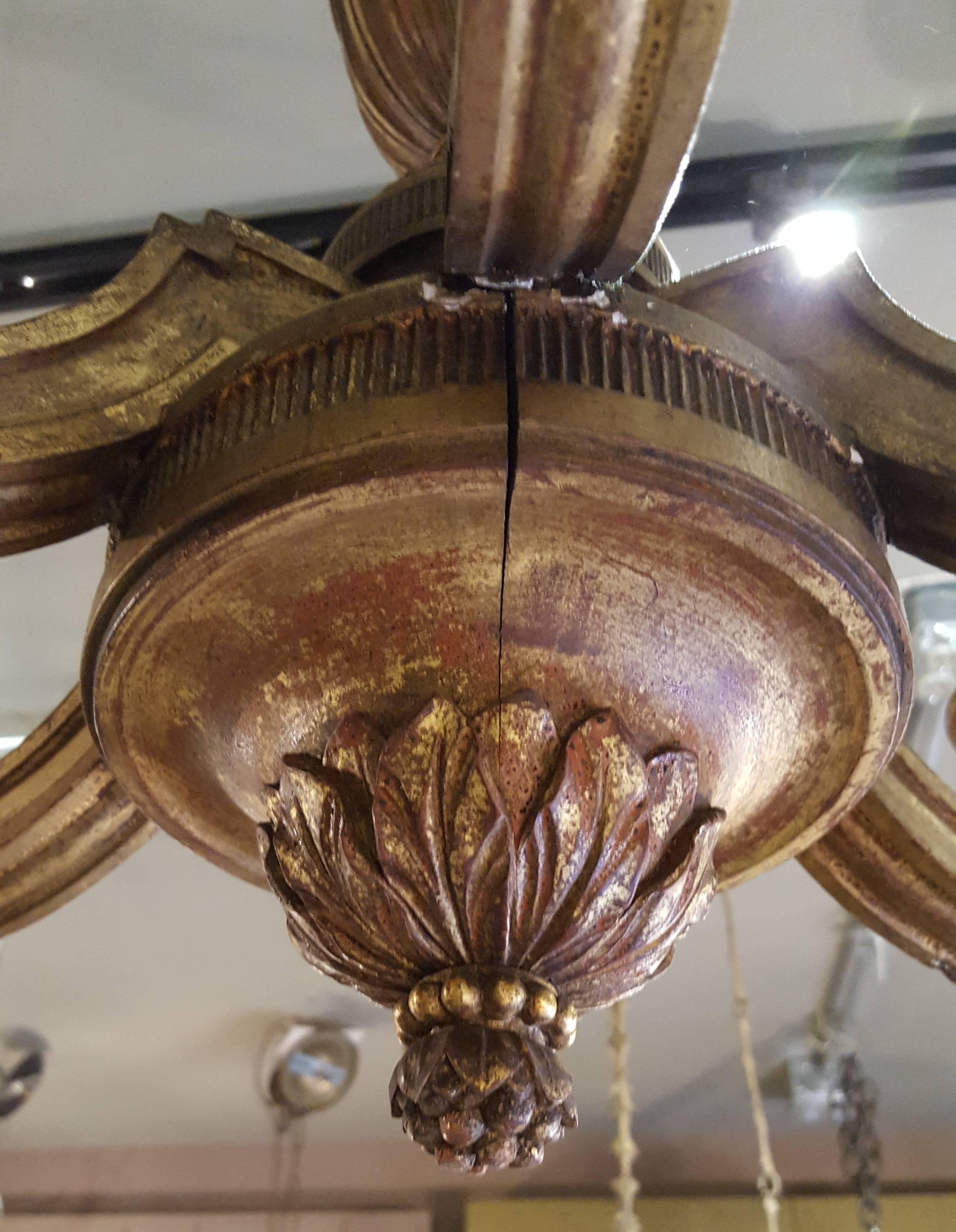 Empire-Style, Antique, Carved Gilt Wood Chandelier with Six Arms. For Sale 2