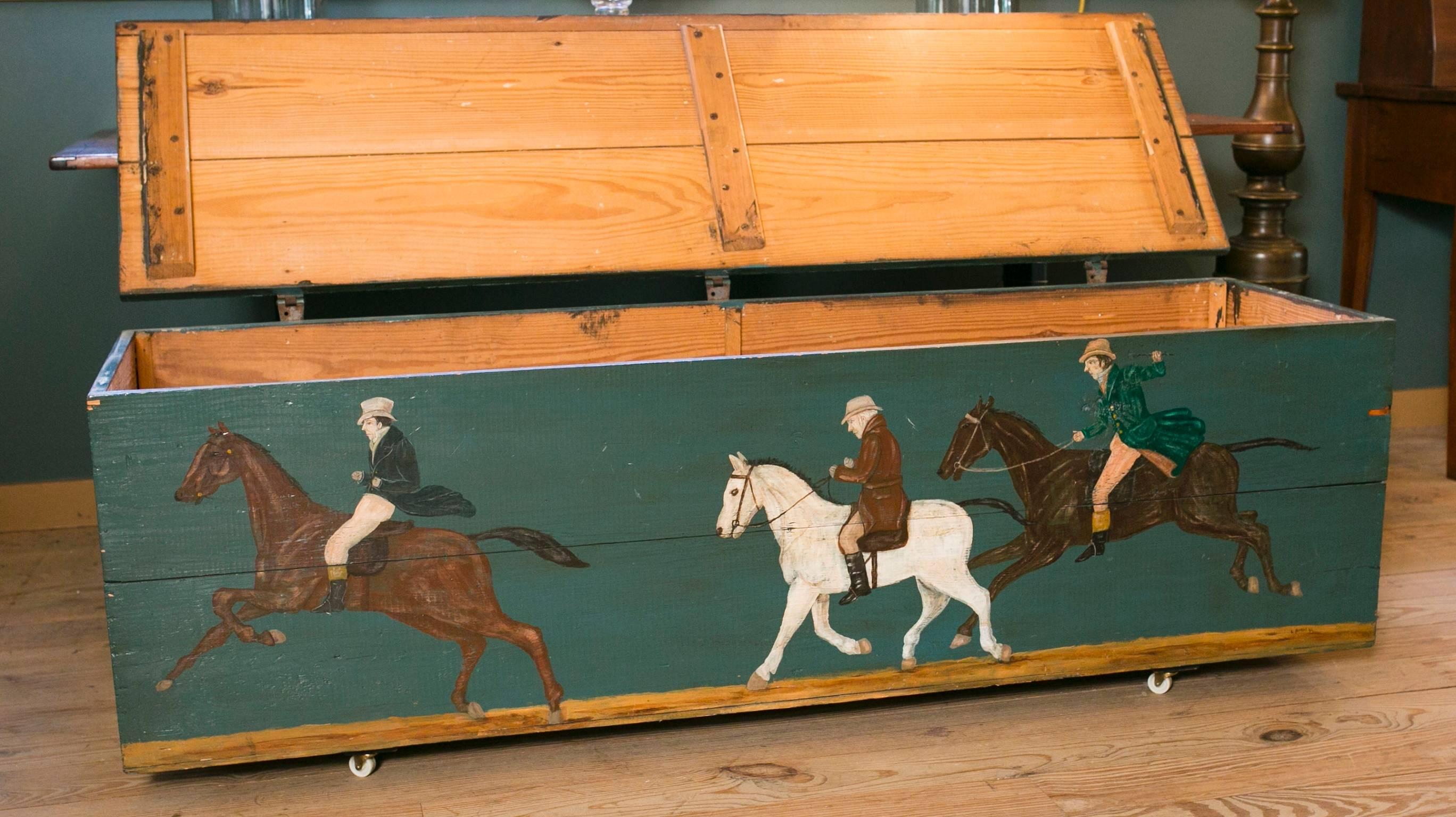 American Colonial  American Blanket Chest/ Bencwith Equestrian Scene Painted by Artist Lew Hudnall For Sale