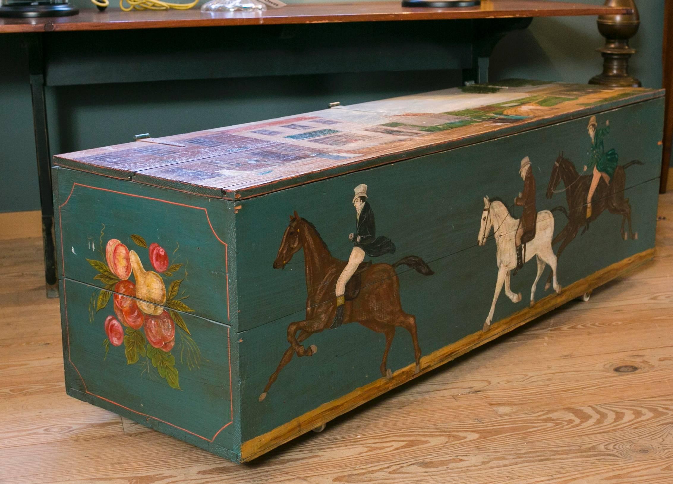 Hand-Painted  American Blanket Chest/ Bencwith Equestrian Scene Painted by Artist Lew Hudnall For Sale