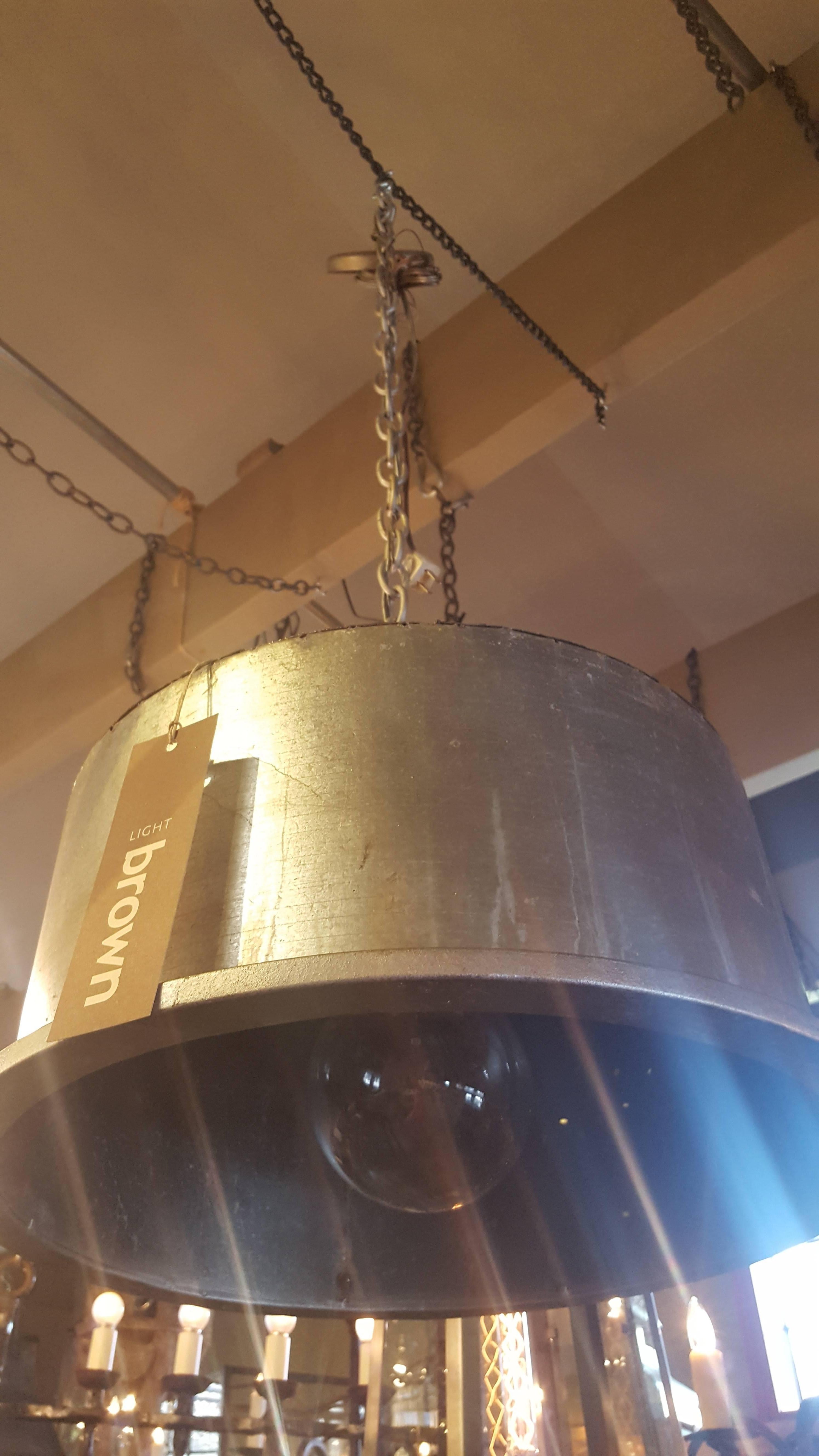 Rustic Industrial Galvanized Pendant with Iron Banding In Excellent Condition In Houston, TX