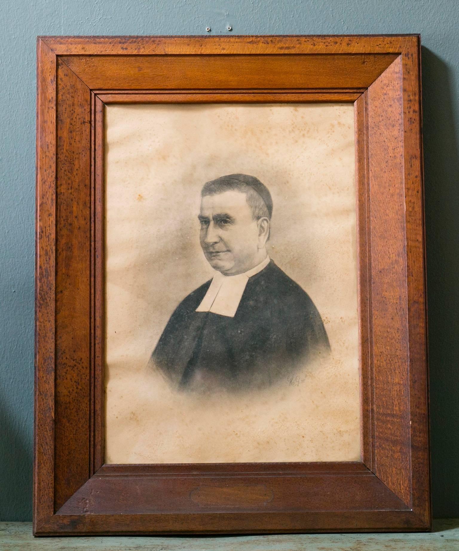 Framed graphite portraits on paper behind glass in heavy, solid oak frames. Two of the frames have the original Flemish plaques with the name of the sitter and period of time in office. Antique oak frames are beautiful quality. Perfect for a