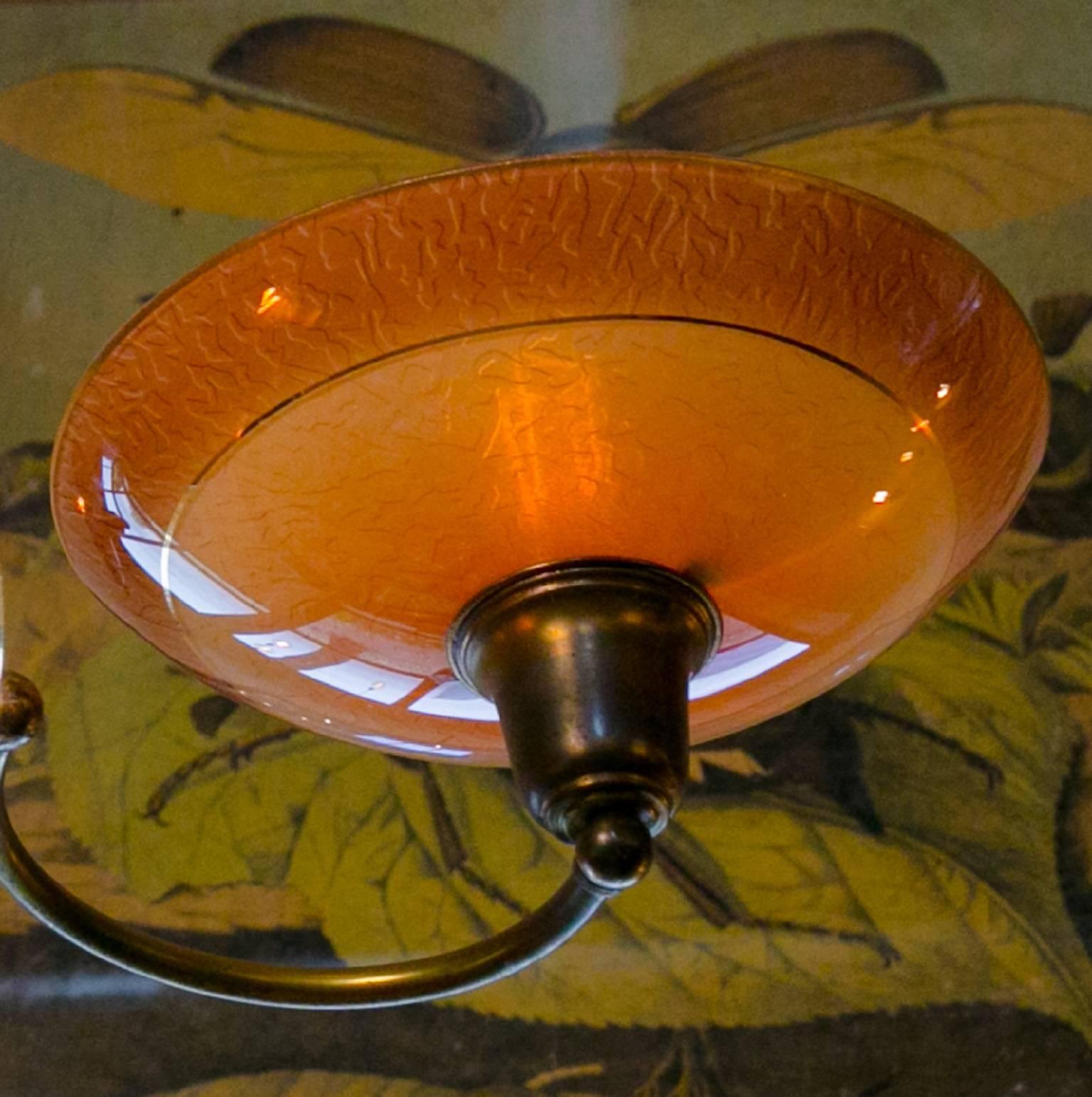Painted Art Deco Salmon Colored Glass Chandelier from France, circa 1940