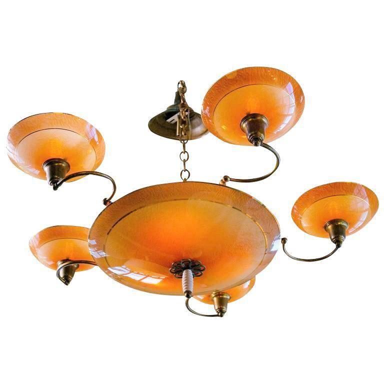 Art Deco Salmon Colored Glass Chandelier from France, circa 1940