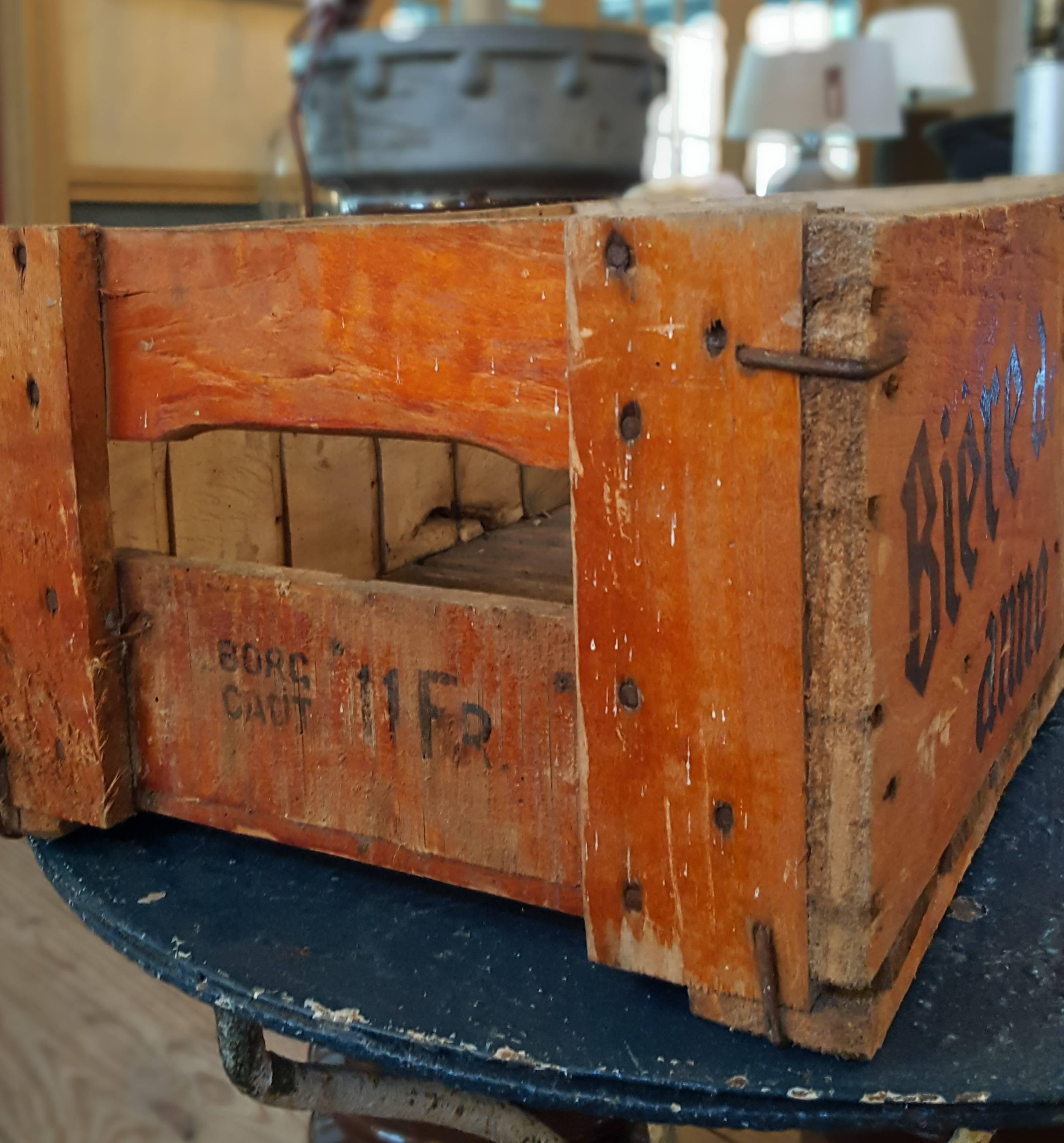 Painted wooden beer crates from a Belgian brewery. Seven available, price is for one crate.