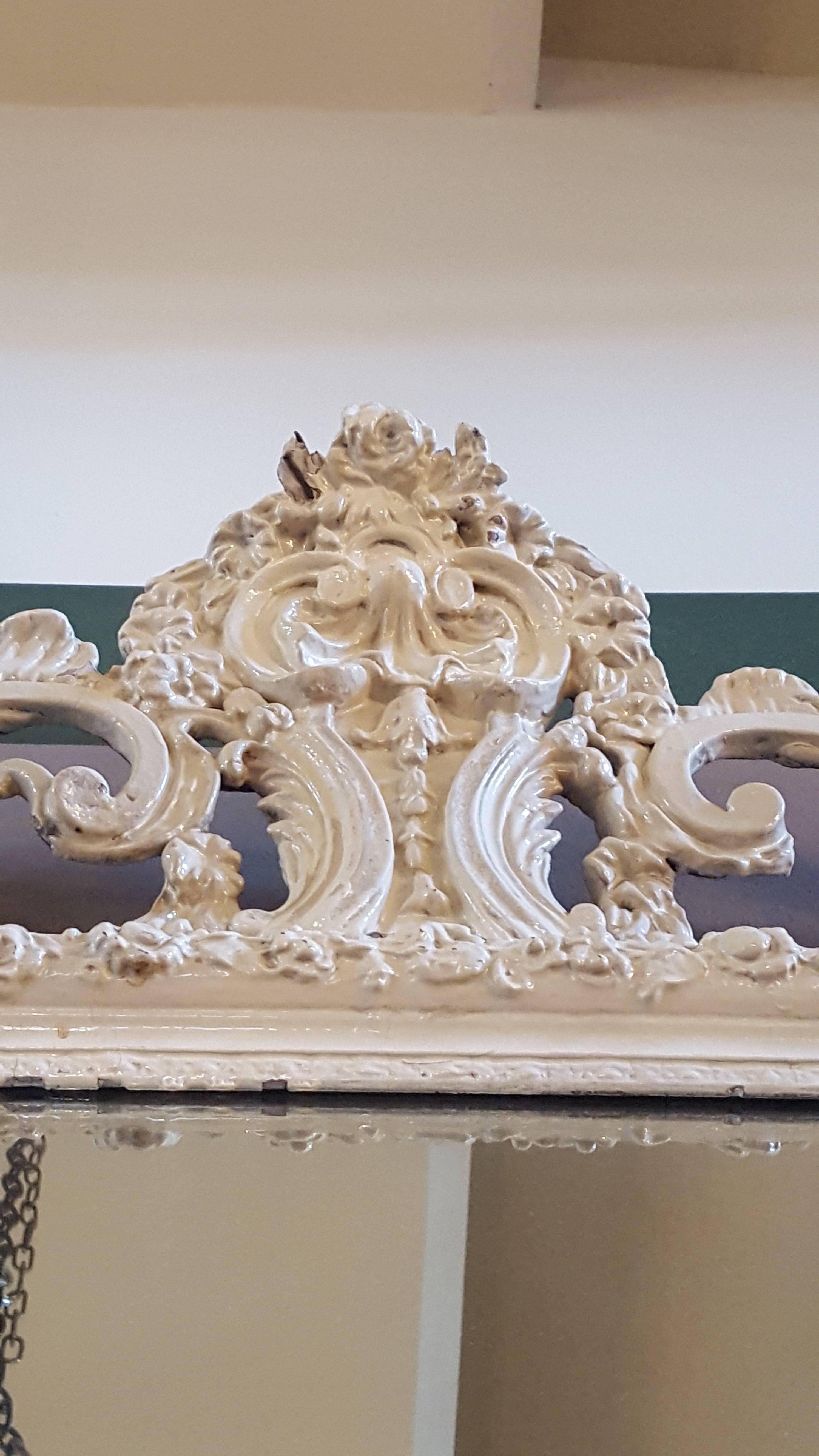 Glamorous Creamy-White Over-Painted Rococo Hand-Carved Wood Mirror, circa 1900 In Good Condition In Houston, TX