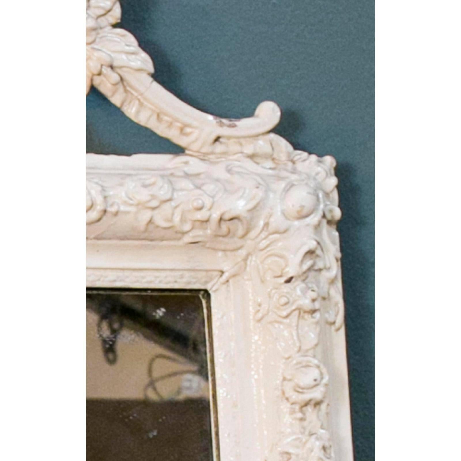 Glamorous Creamy-White Over-Painted Rococo Hand-Carved Wood Mirror, circa 1900 5