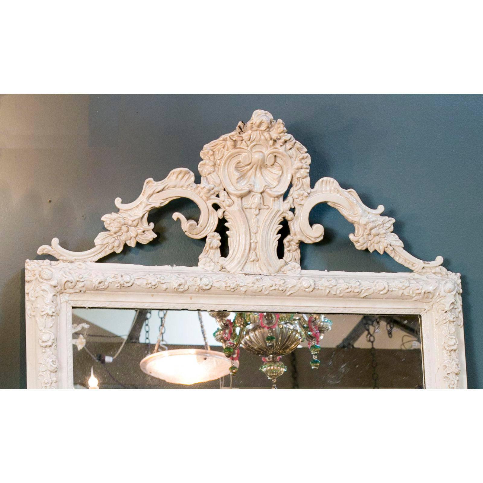 Glamorous Creamy-White Over-Painted Rococo Hand-Carved Wood Mirror, circa 1900 4