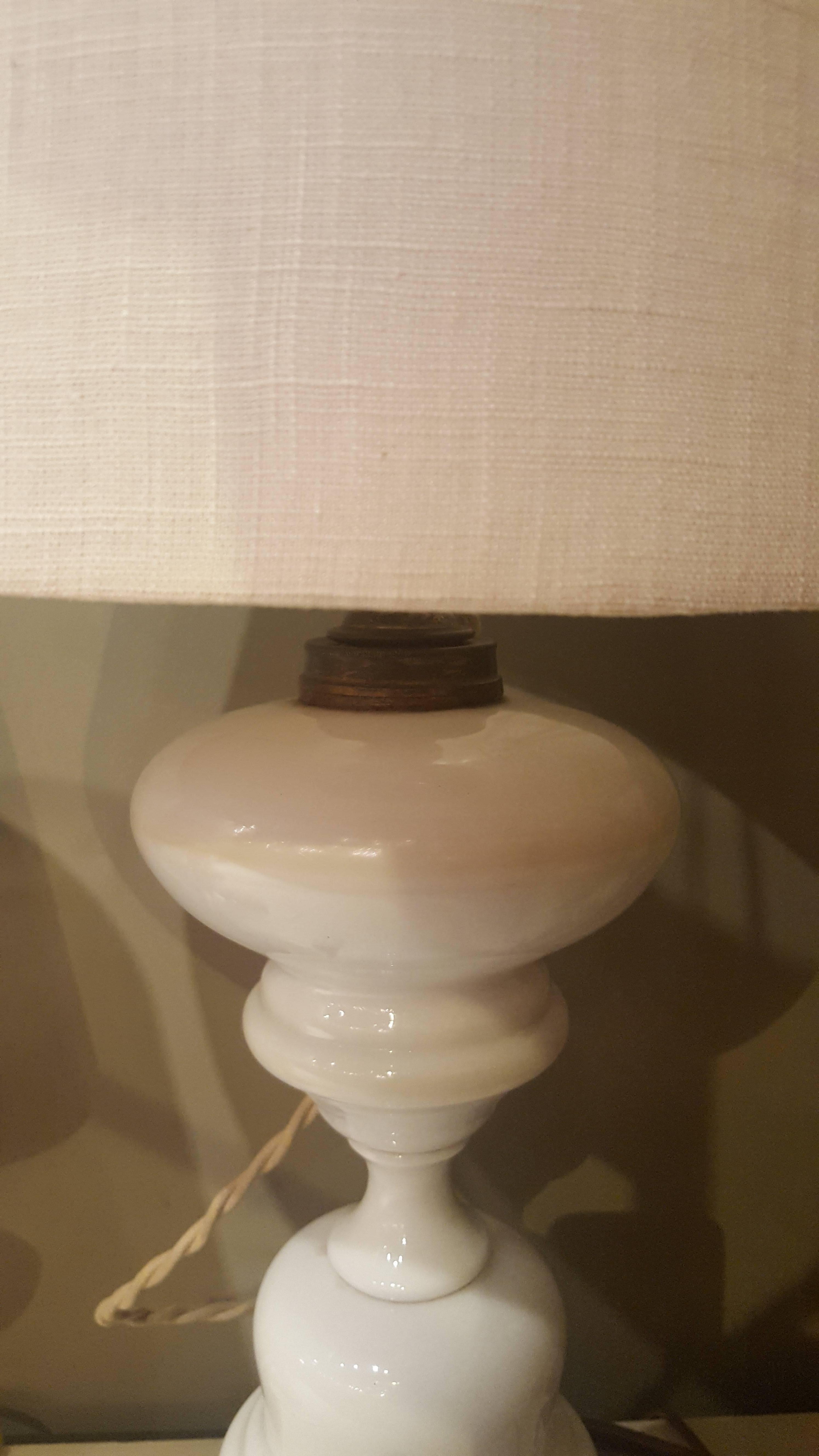 American Milk Glass Table Lamp with Shade, circa 1920 In Excellent Condition In Houston, TX