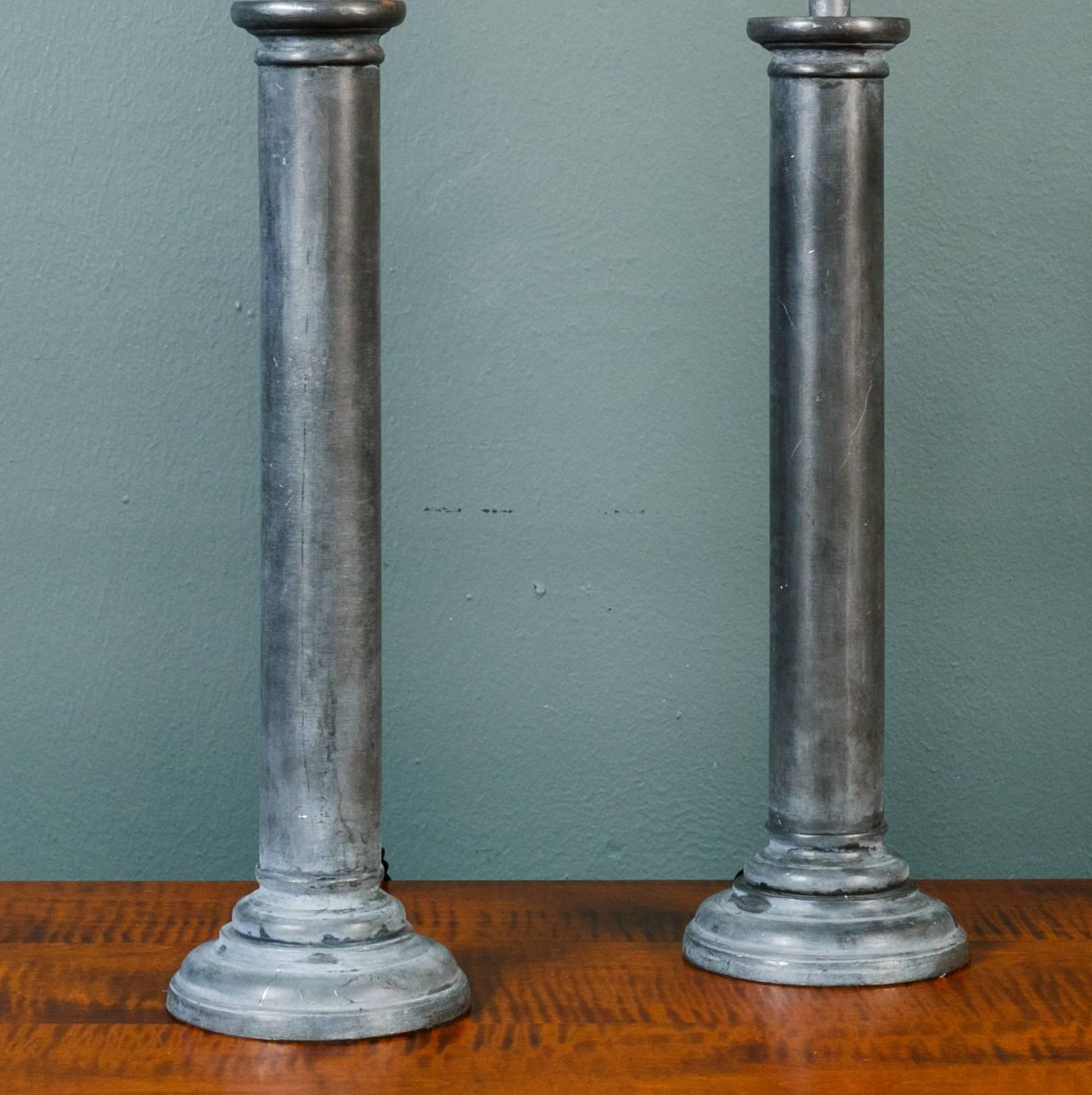 Two heavy lead lamps from Rita Jordens in Belgium. Newly wired in the USA.
Beautiful classic shape and patina. Bulbs are for photography purposes only and are not included. One could use any size harp for one's desired shade. Height is to the top