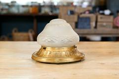 Antique Frosted Etched Glass and Brass Flush Mount Light from France circa 1890