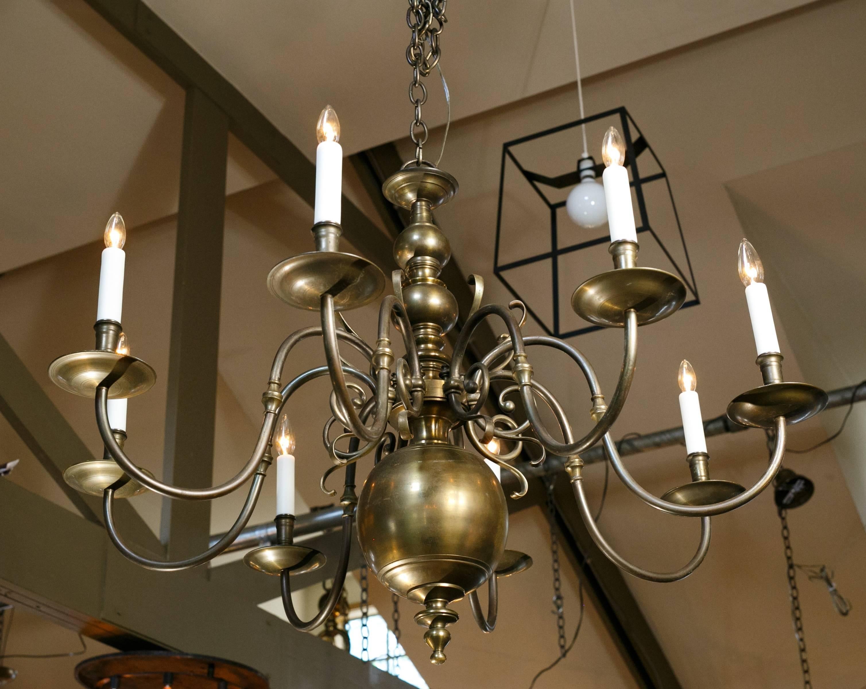 Large, classic Flemish style chandelier newly rewired in the USA, with all UL listed parts and eight candelabra sockets. Beautiful proportion, patina and casting. Finish is darker and even prettier than appears in the photos. Additional pictures