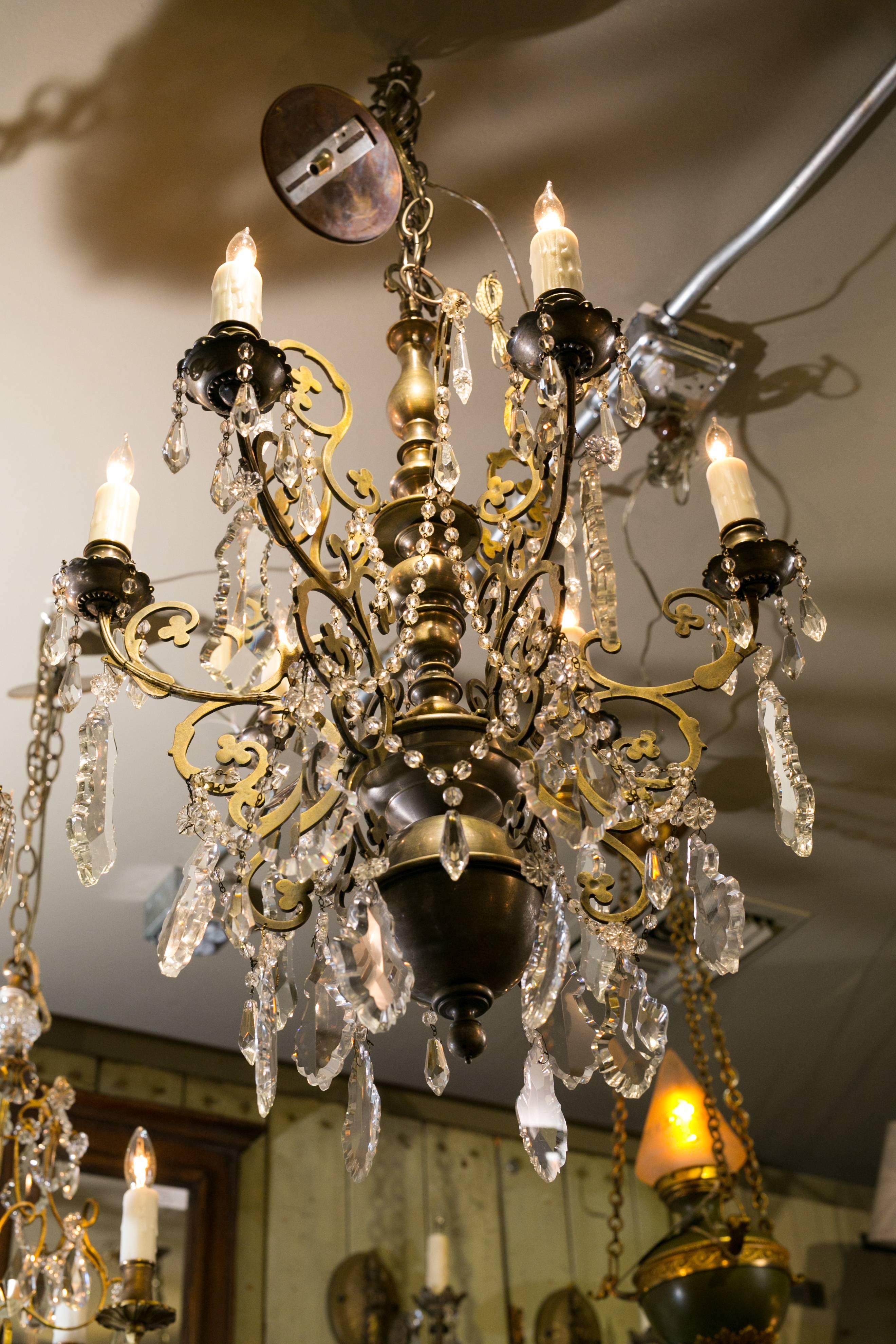 Belgian Pewter Colored Crystal Chandelier with Six Arms from Belgium, circa 1930