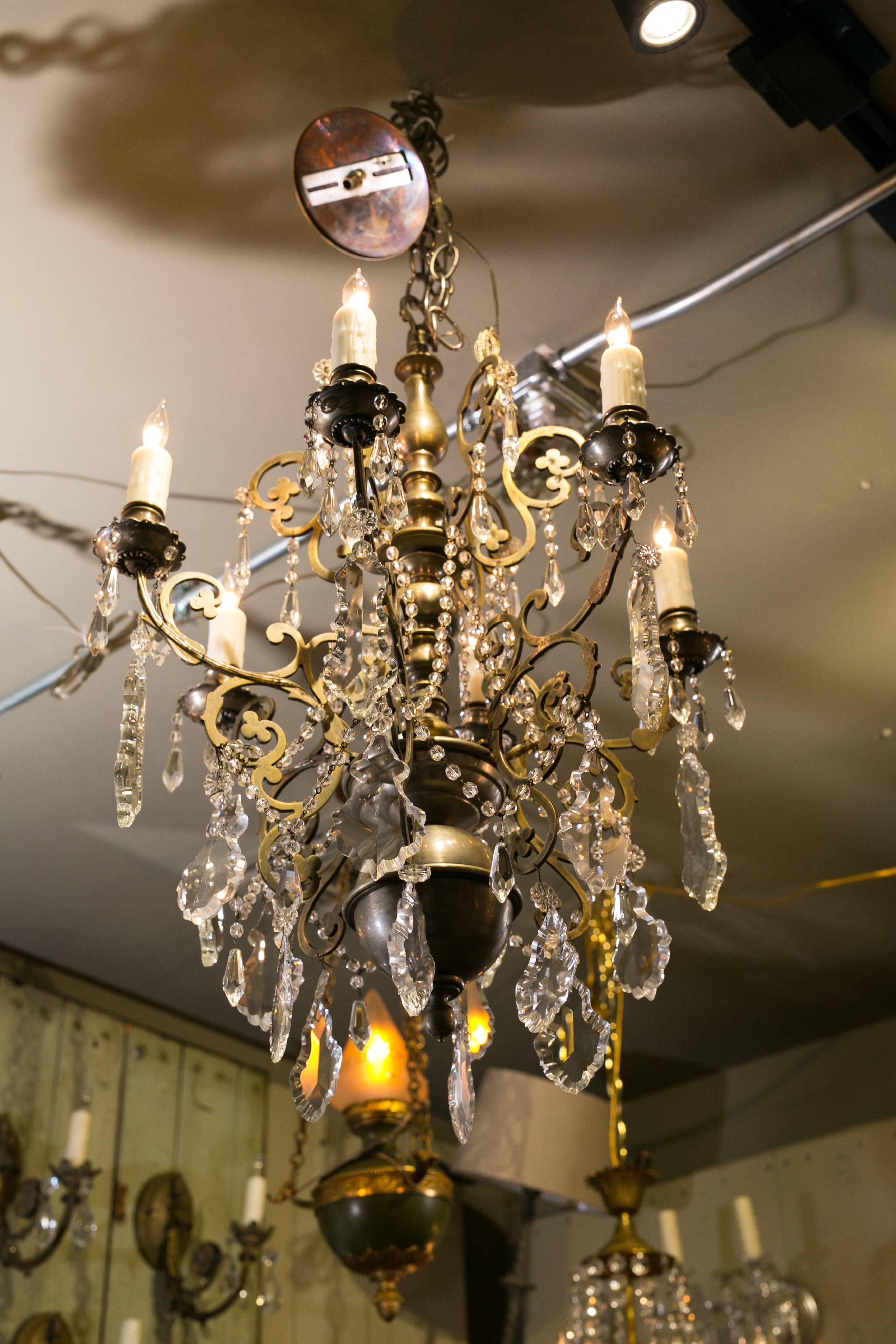 Cast Pewter Colored Crystal Chandelier with Six Arms from Belgium, circa 1930