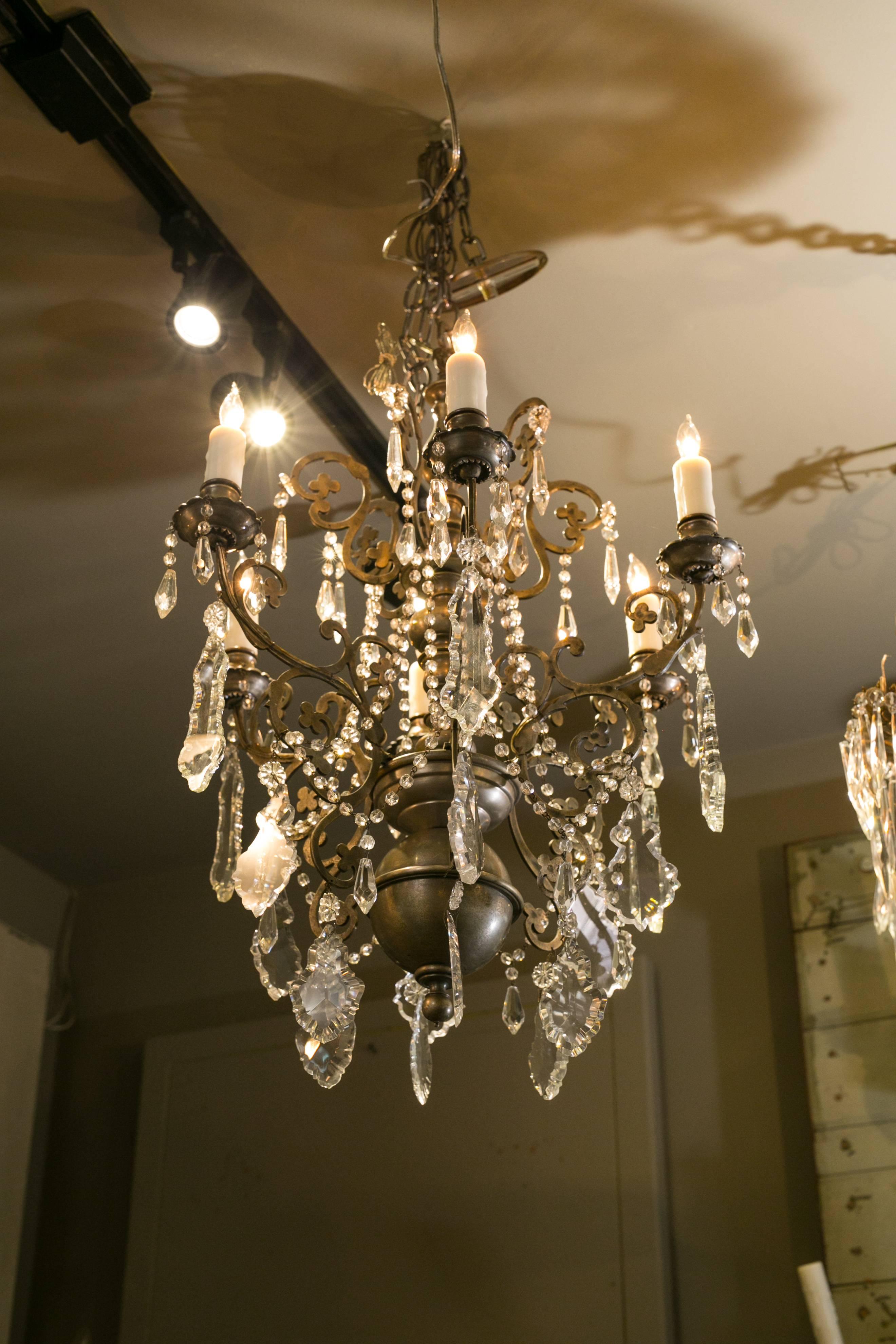 Pewter Colored Crystal Chandelier with Six Arms from Belgium, circa 1930 In Excellent Condition In Houston, TX