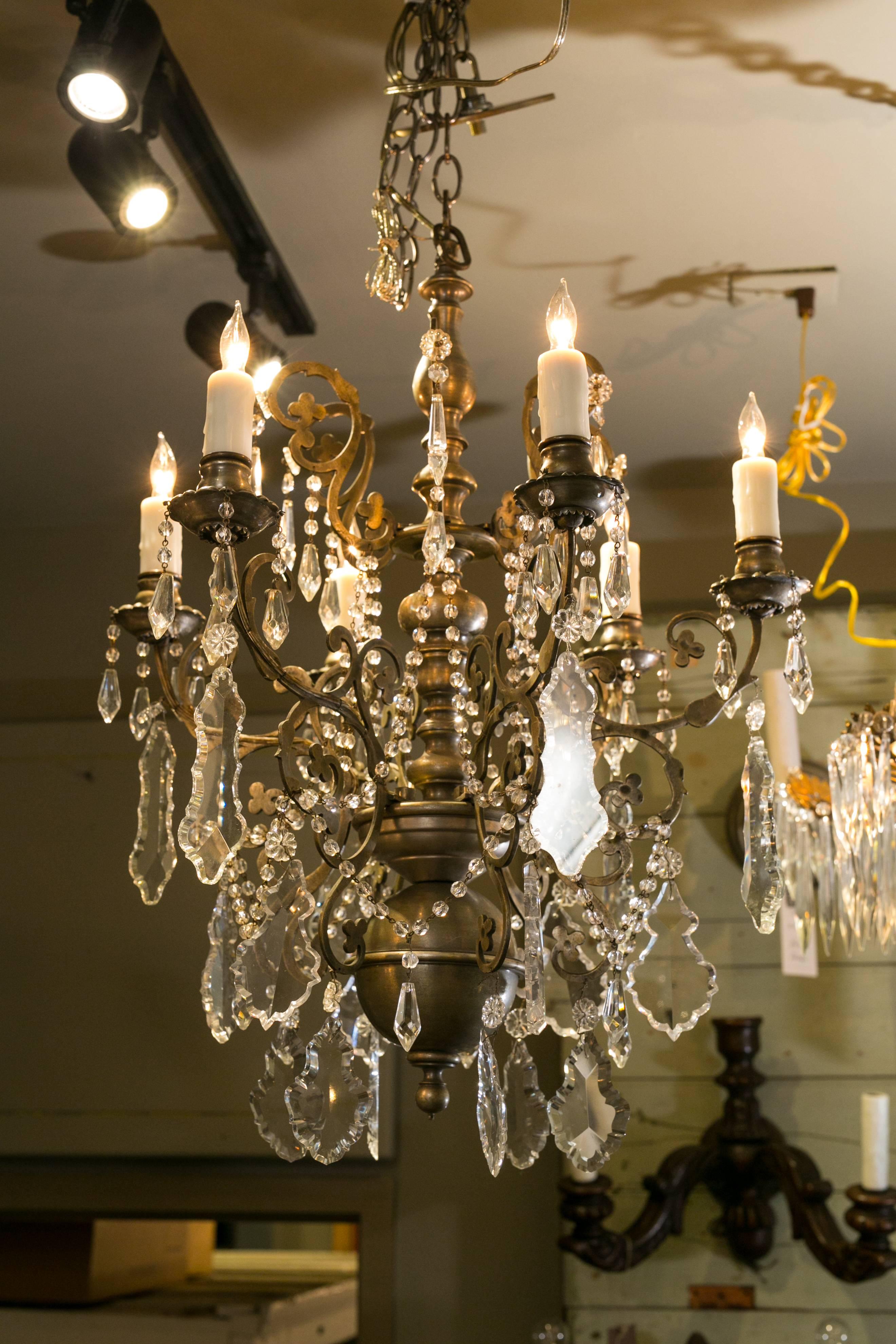 Mid-20th Century Pewter Colored Crystal Chandelier with Six Arms from Belgium, circa 1930