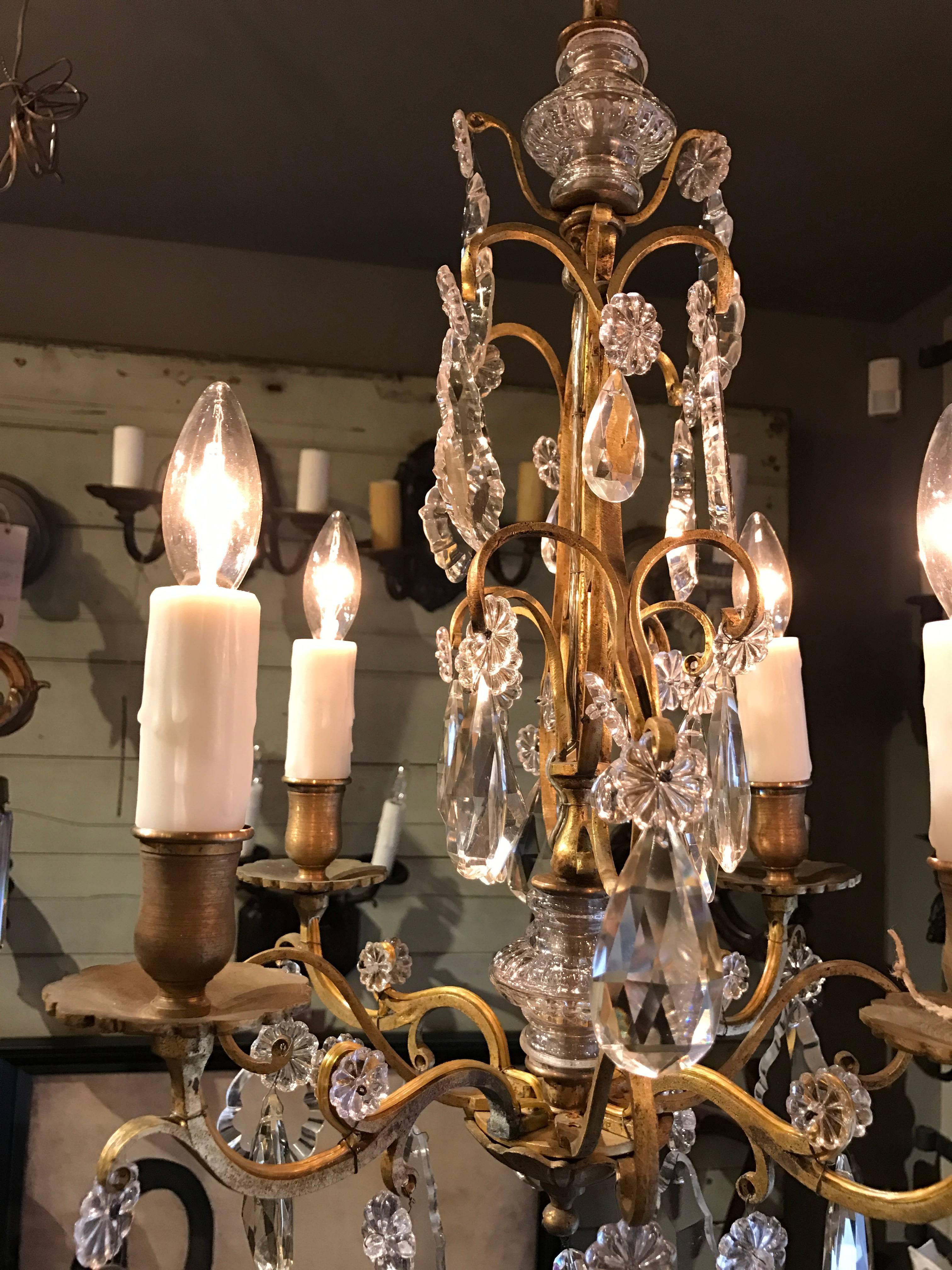 Belle Époque Petite French Brass and Crystal Chandelier with Four Arms, circa 1900