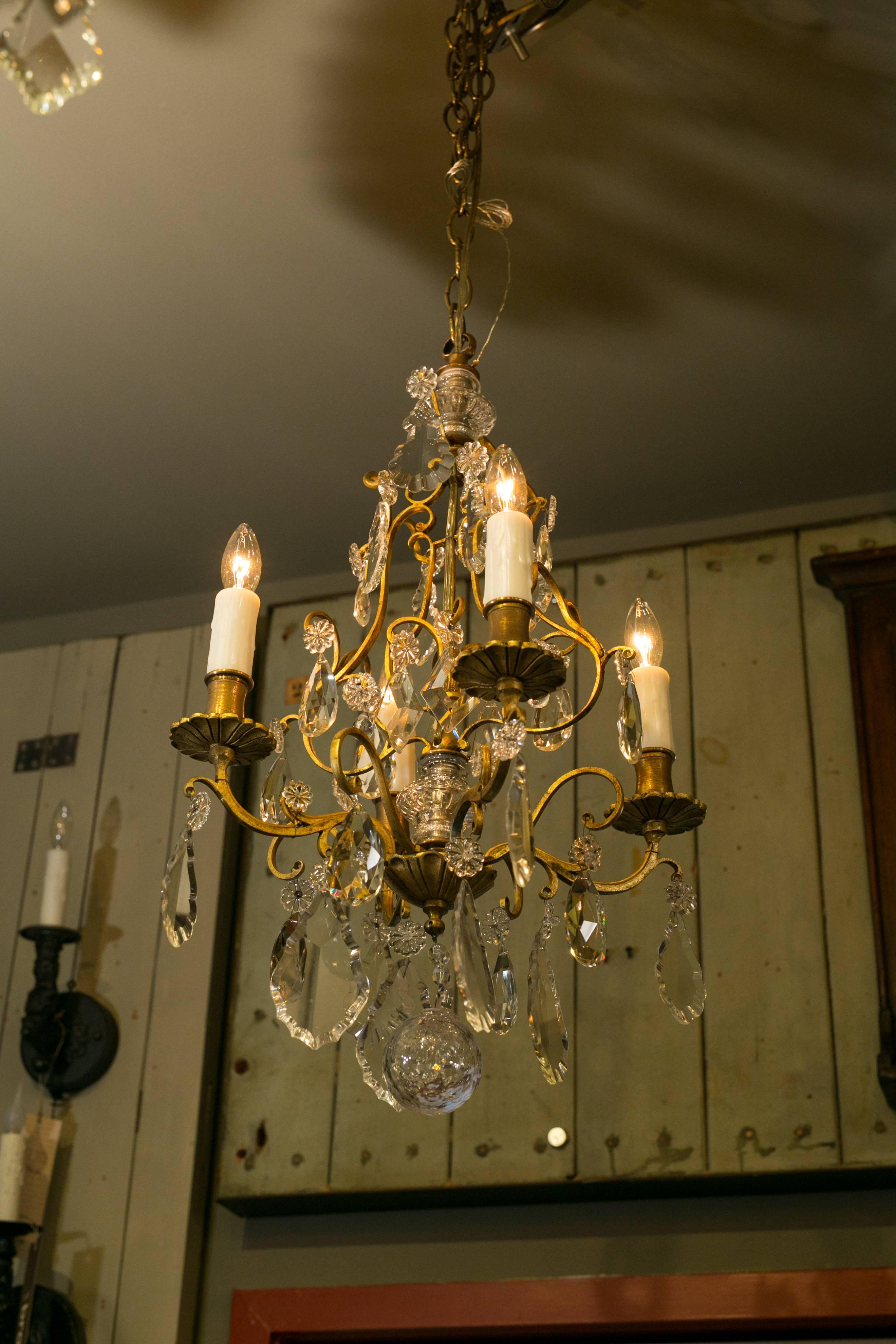 Charming petite brass and crystal chandelier from France, circa 1900. Beautiful floral shaped bobeche and scrolling frame. Inner brass cage of the light has a lyre shape design perfect for a music room. Faceted ball drop at the base. Newly rewired
