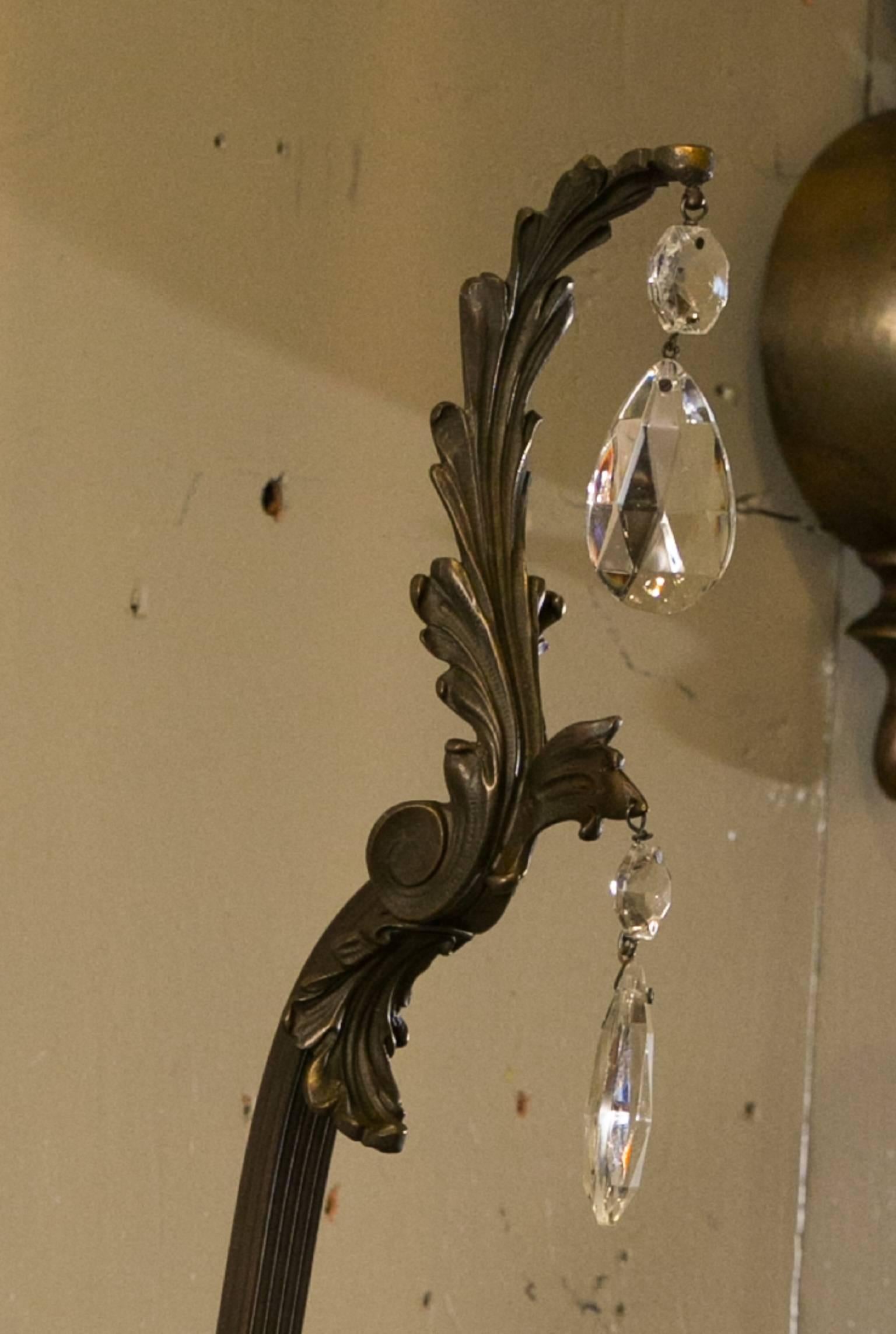 Pair Tall French Louis XV Revival Bronze Sconces with Crystals, circa 1880 1
