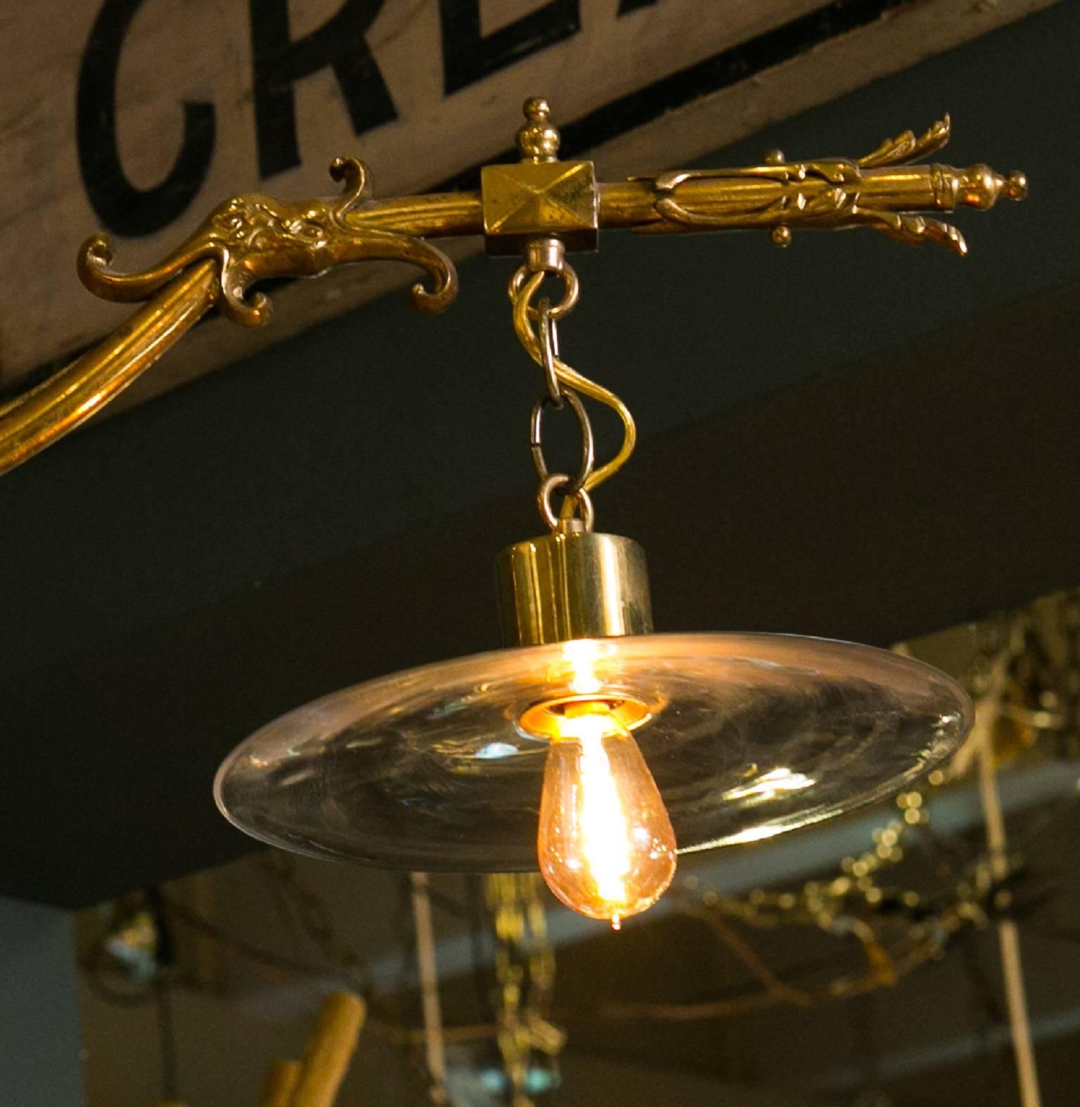 Mid-20th Century Art Nouveau-Style Belgian Brass Light with Blown Glass Shades, circa 1930