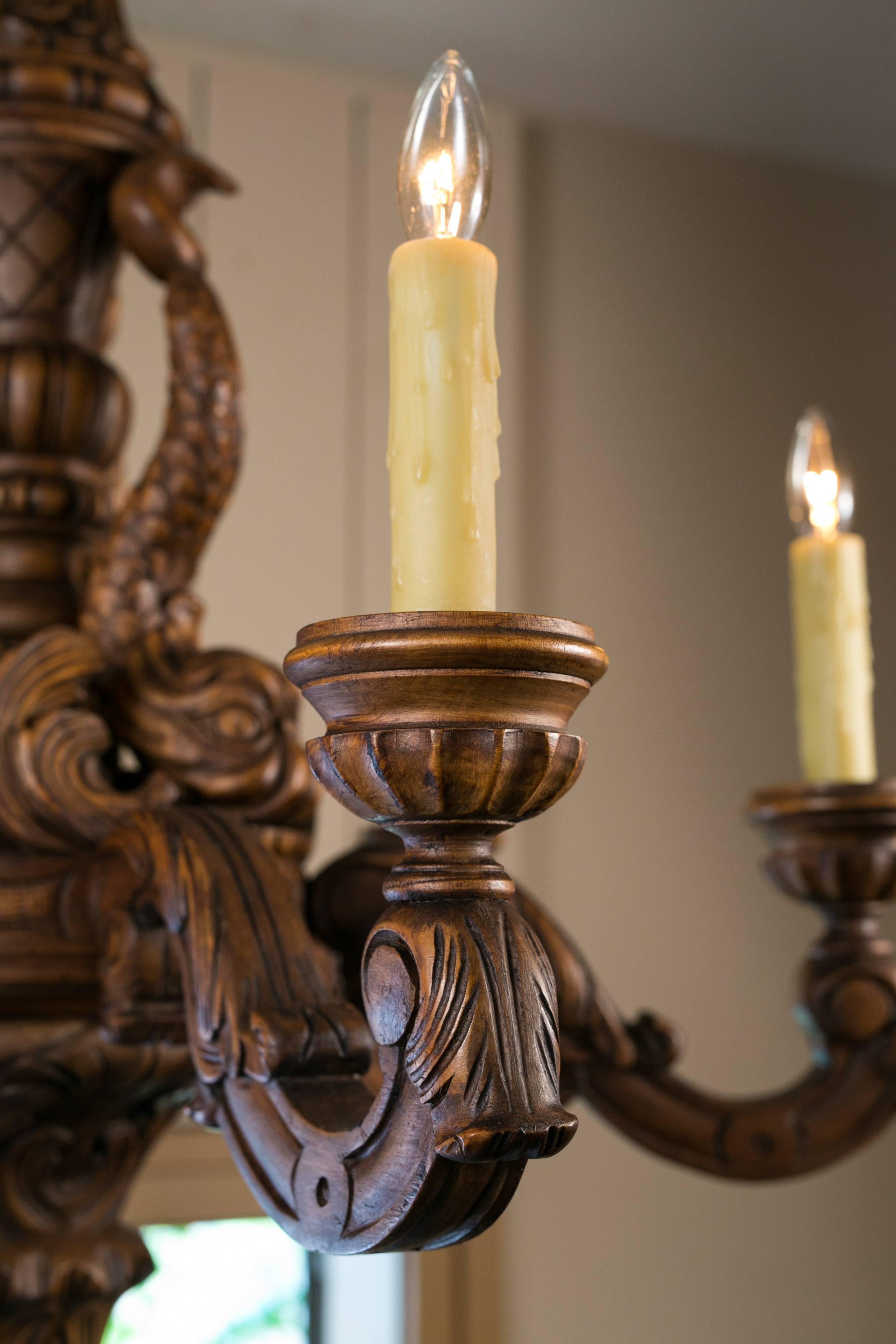 Rococo Hand-Carved French Louis XV Style Wood Chandelier with Dolphin Motif