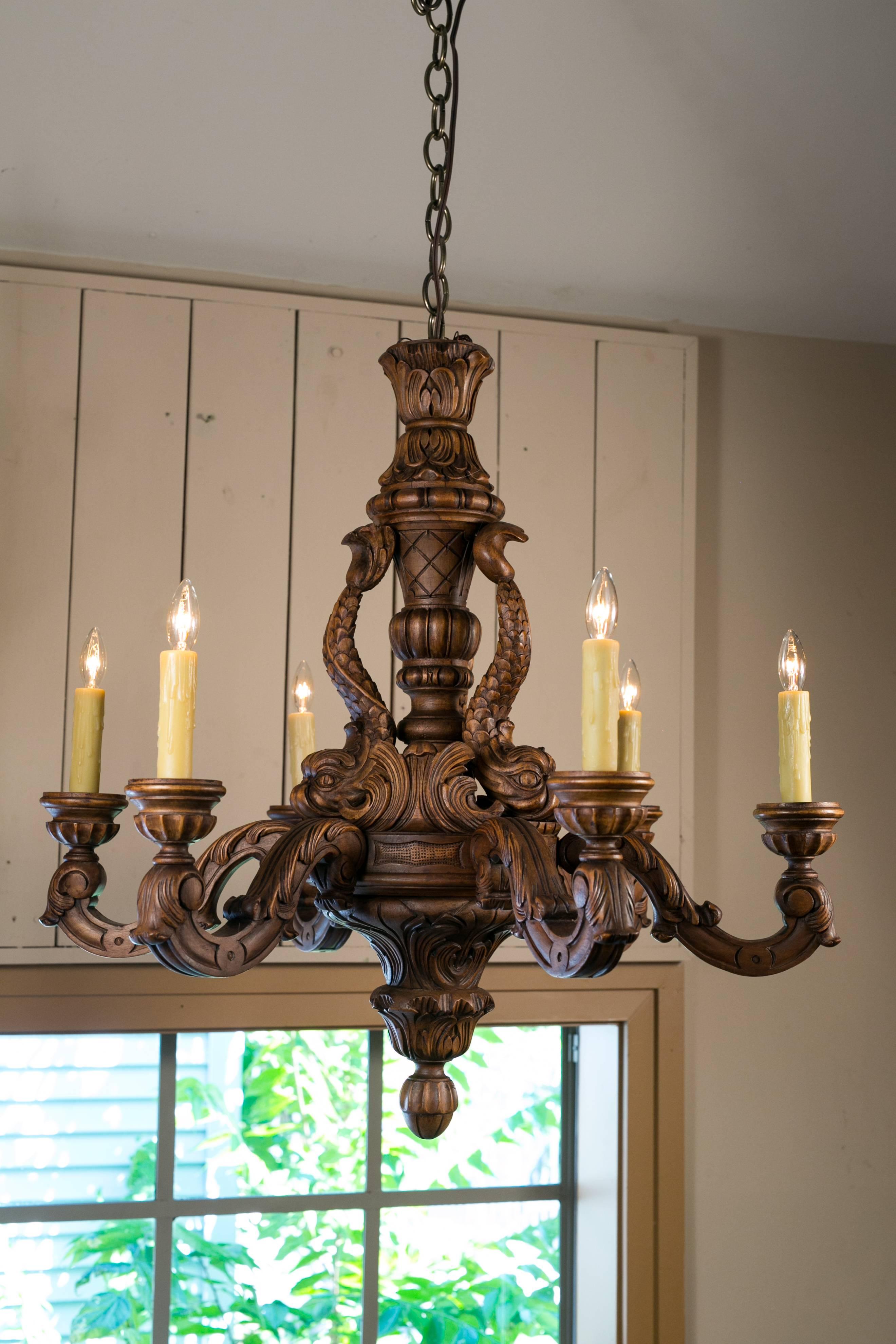 Hand-Carved French Louis XV Style Wood Chandelier with Dolphin Motif In Excellent Condition In Houston, TX