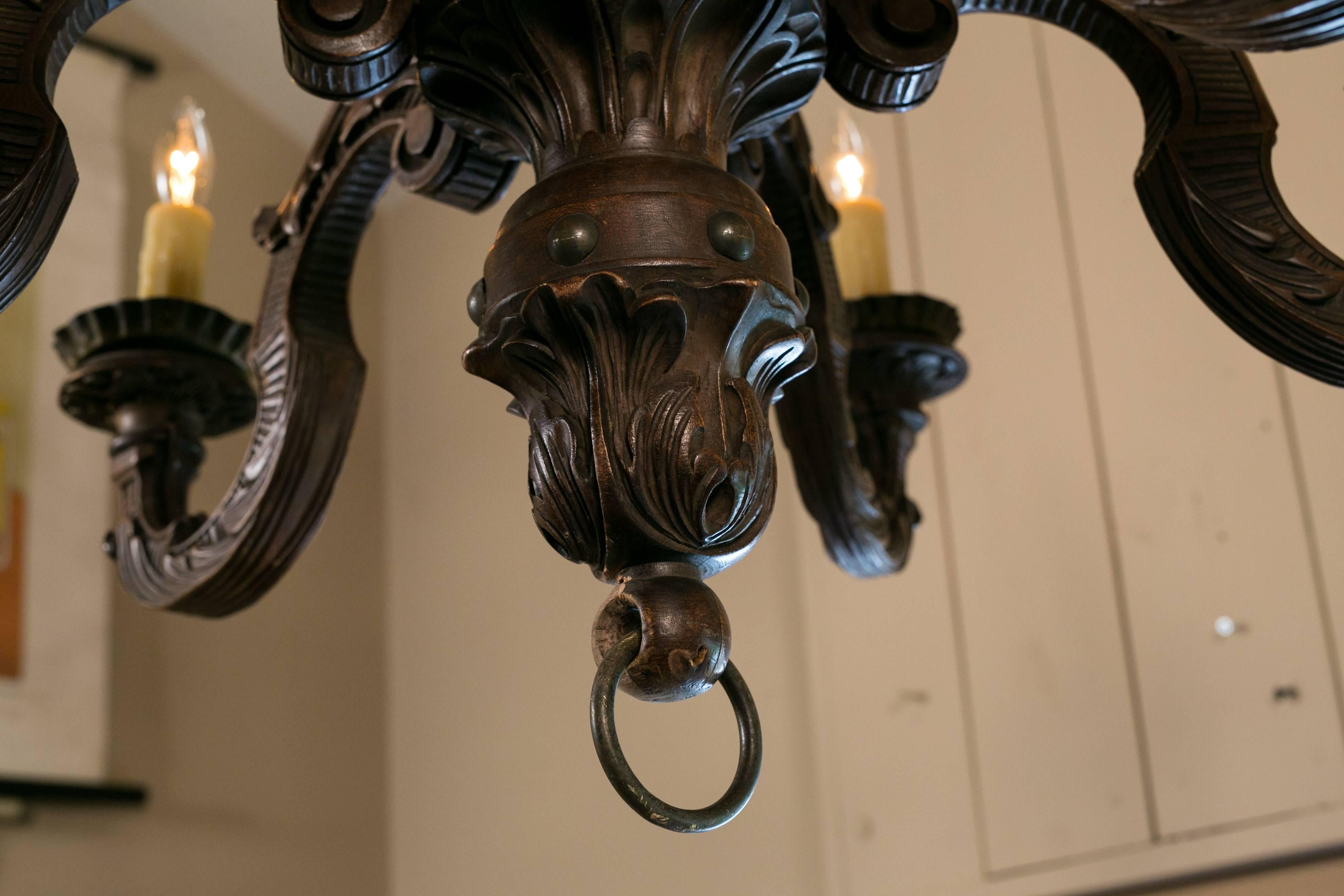 Two-Tier Hand-Carved Dark Wood Baroque-Style Belgian Chandelier, circa 1890 In Good Condition In Houston, TX