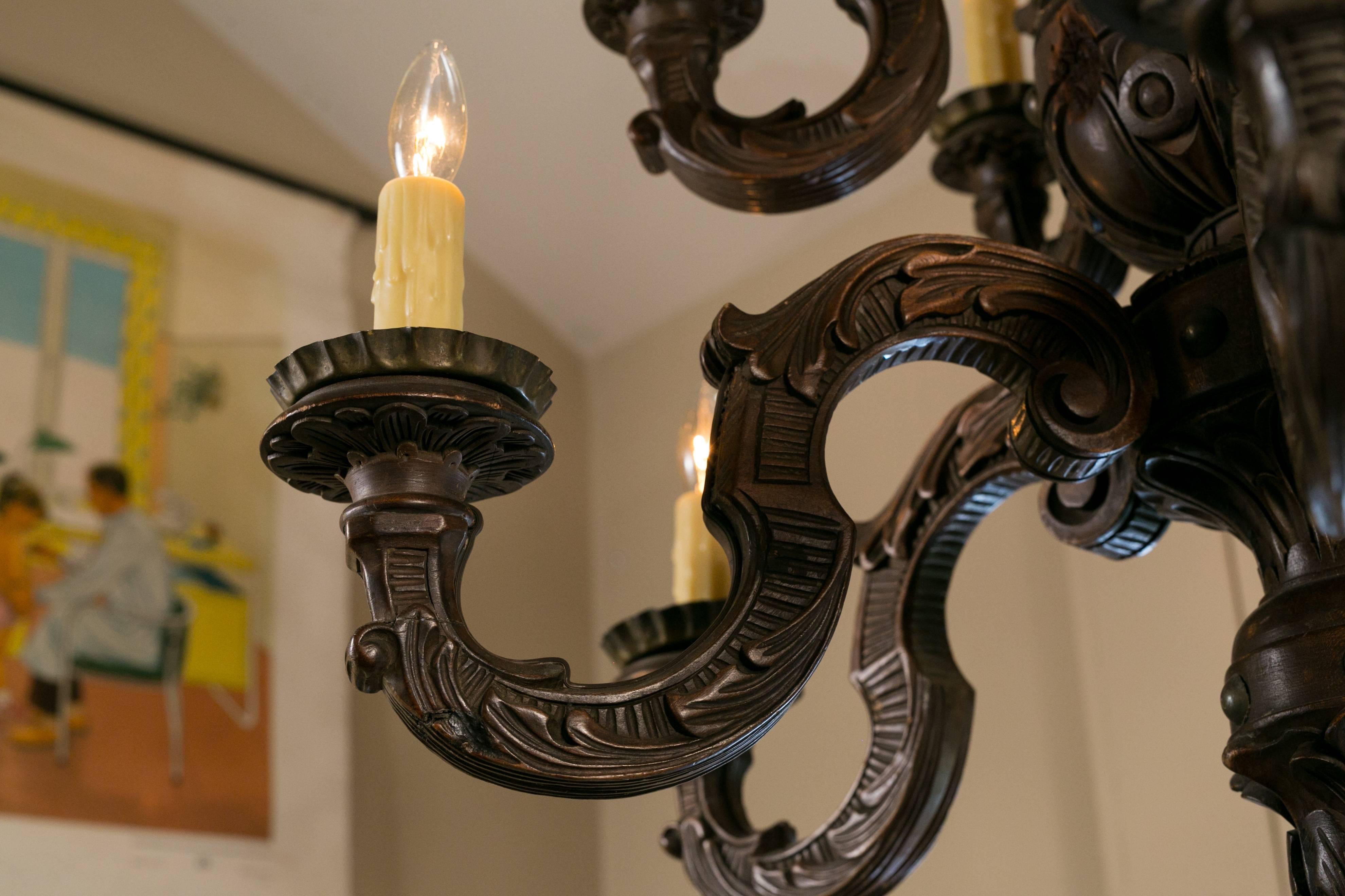 19th Century Two-Tier Hand-Carved Dark Wood Baroque-Style Belgian Chandelier, circa 1890