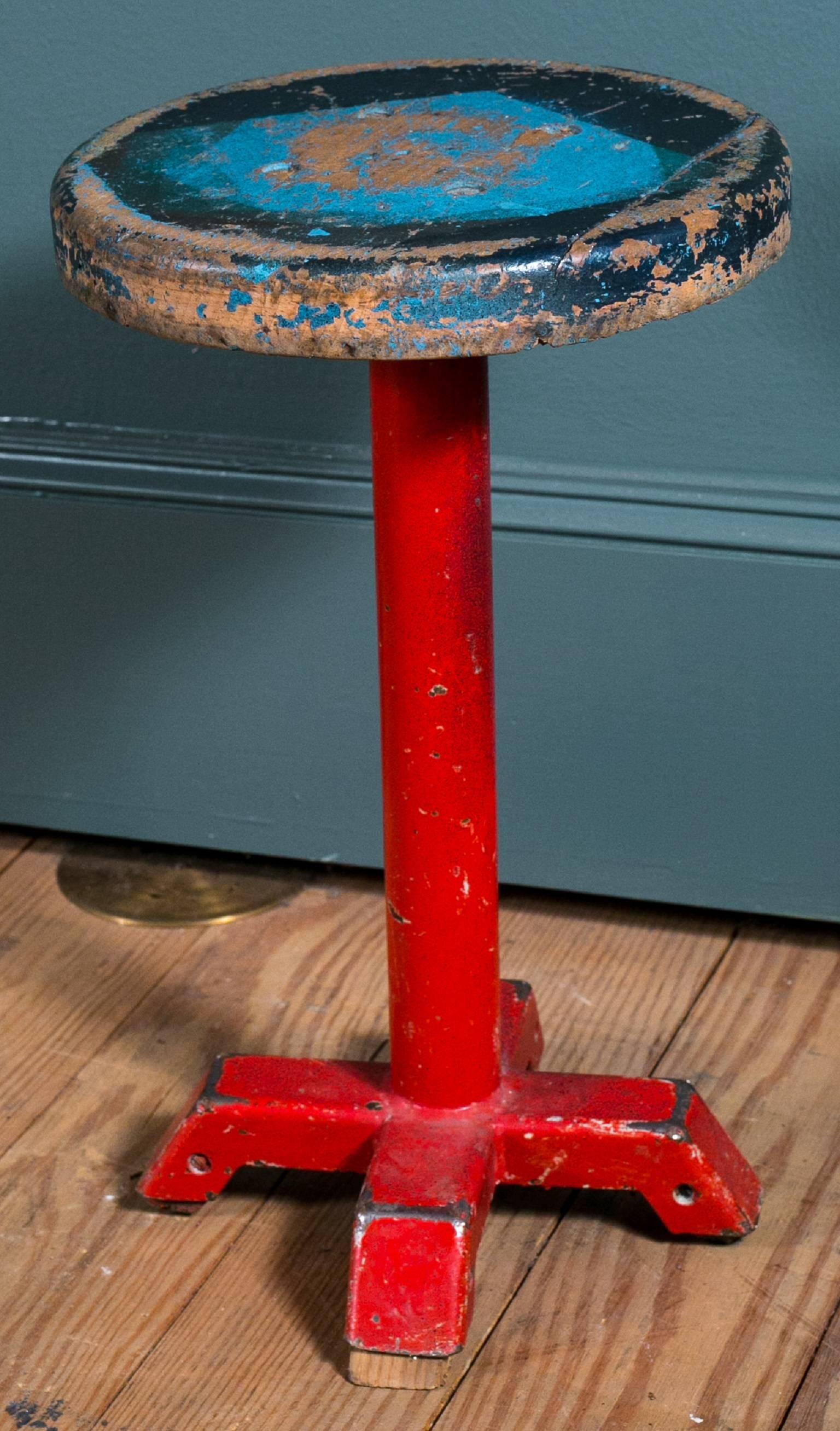 Industrial Vintage Painted  Blue Wood and Iron Stool from Belgium, circa 1950