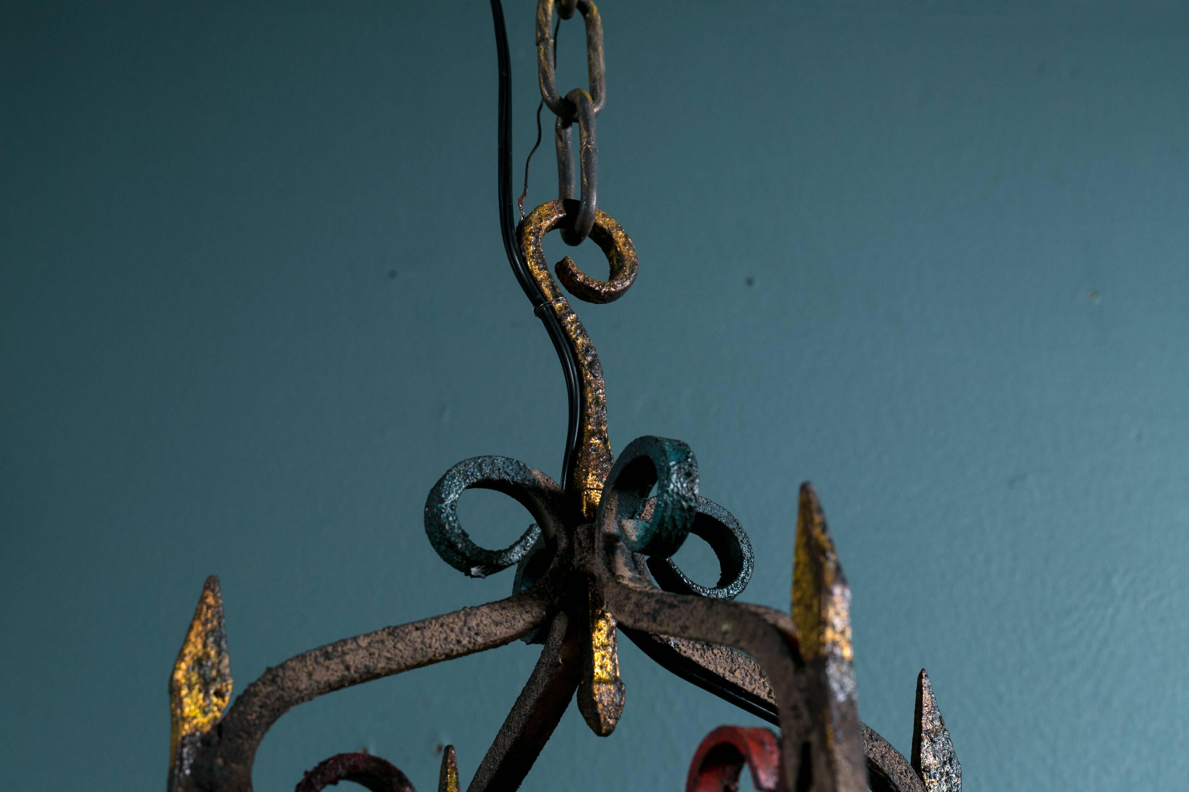 Gothic Revival Vintage Spanish Polychrome Wrought Iron Pendant