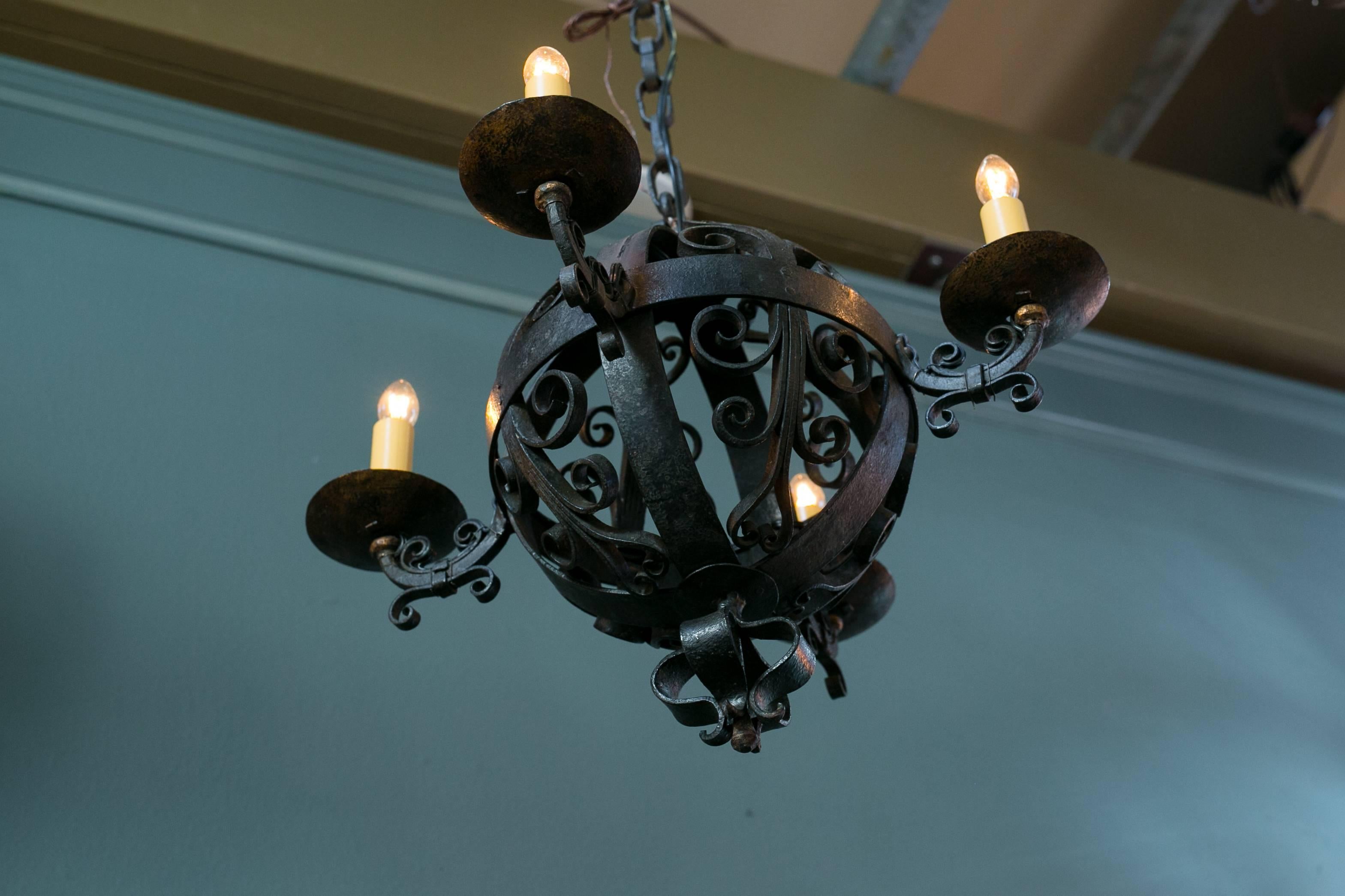 Hand-Crafted Pair Black Spanish Hand-Forged Iron Globe Chandeliers circa 1960