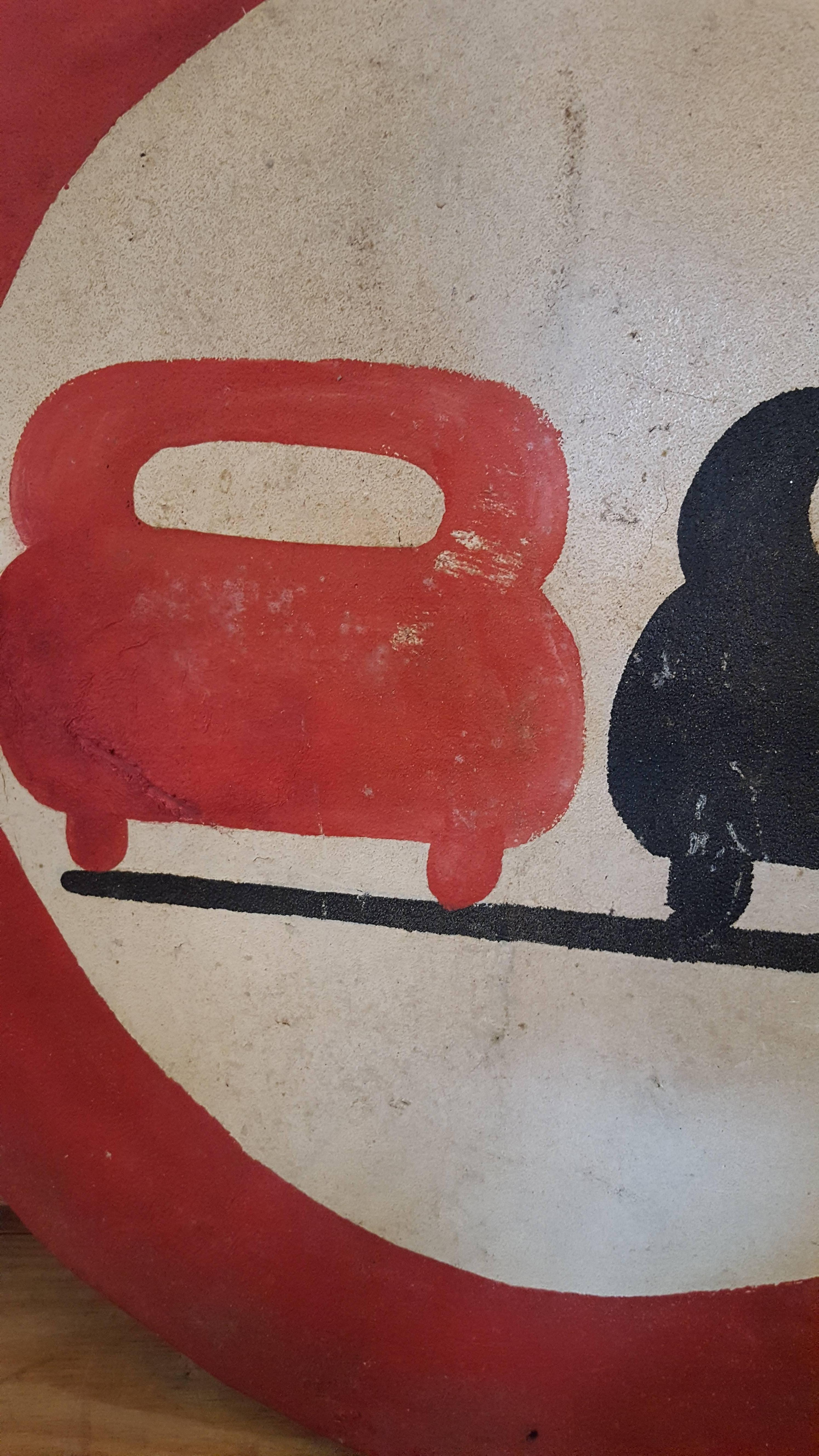 Graphic Hand-Painted Red and Black Road Safety Sign from France, circa 1930 In Good Condition In Houston, TX