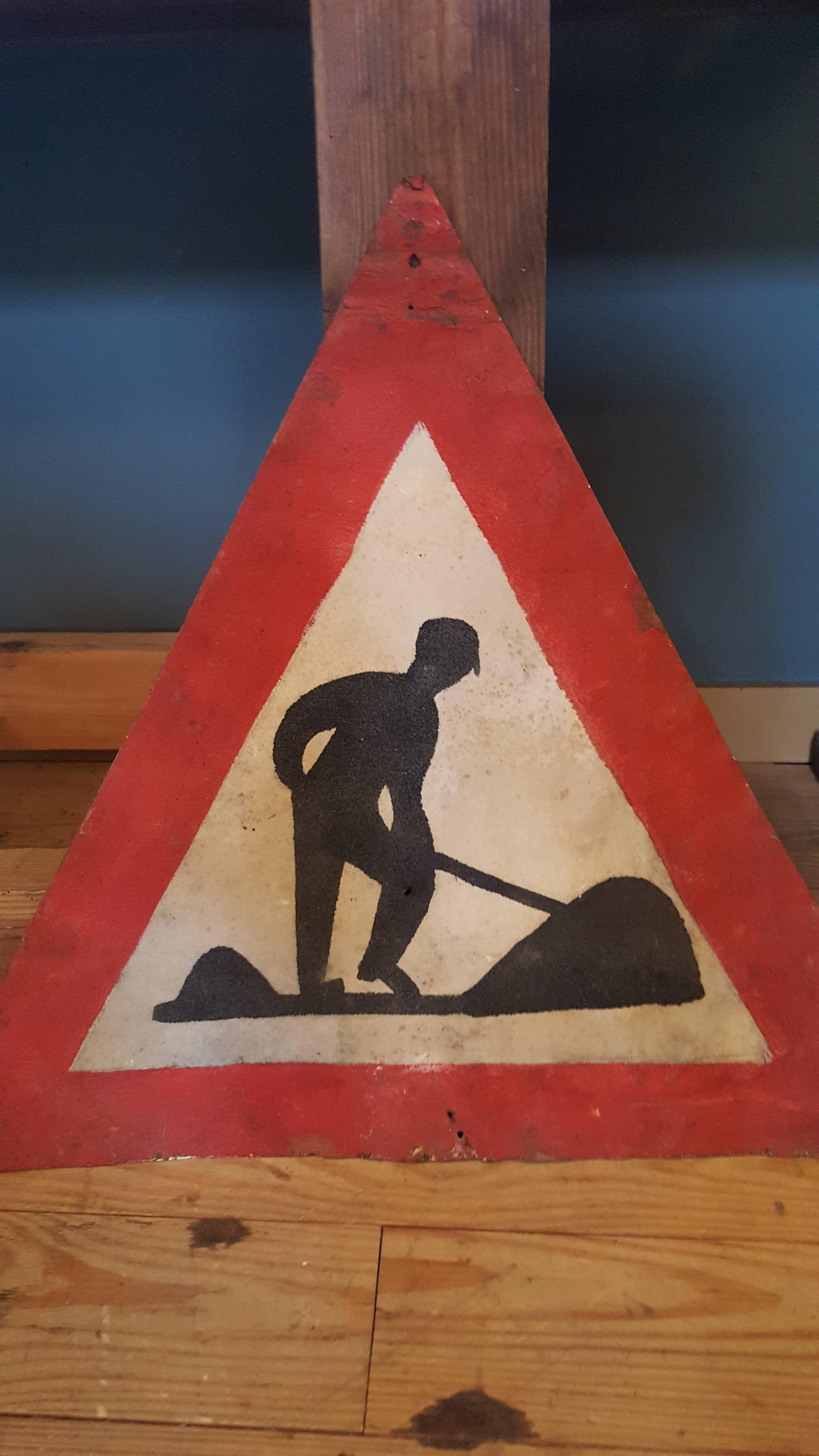 Industrial Graphic French Hand-Painted Red and Black Triangle Road Safety Sign, circa 1930