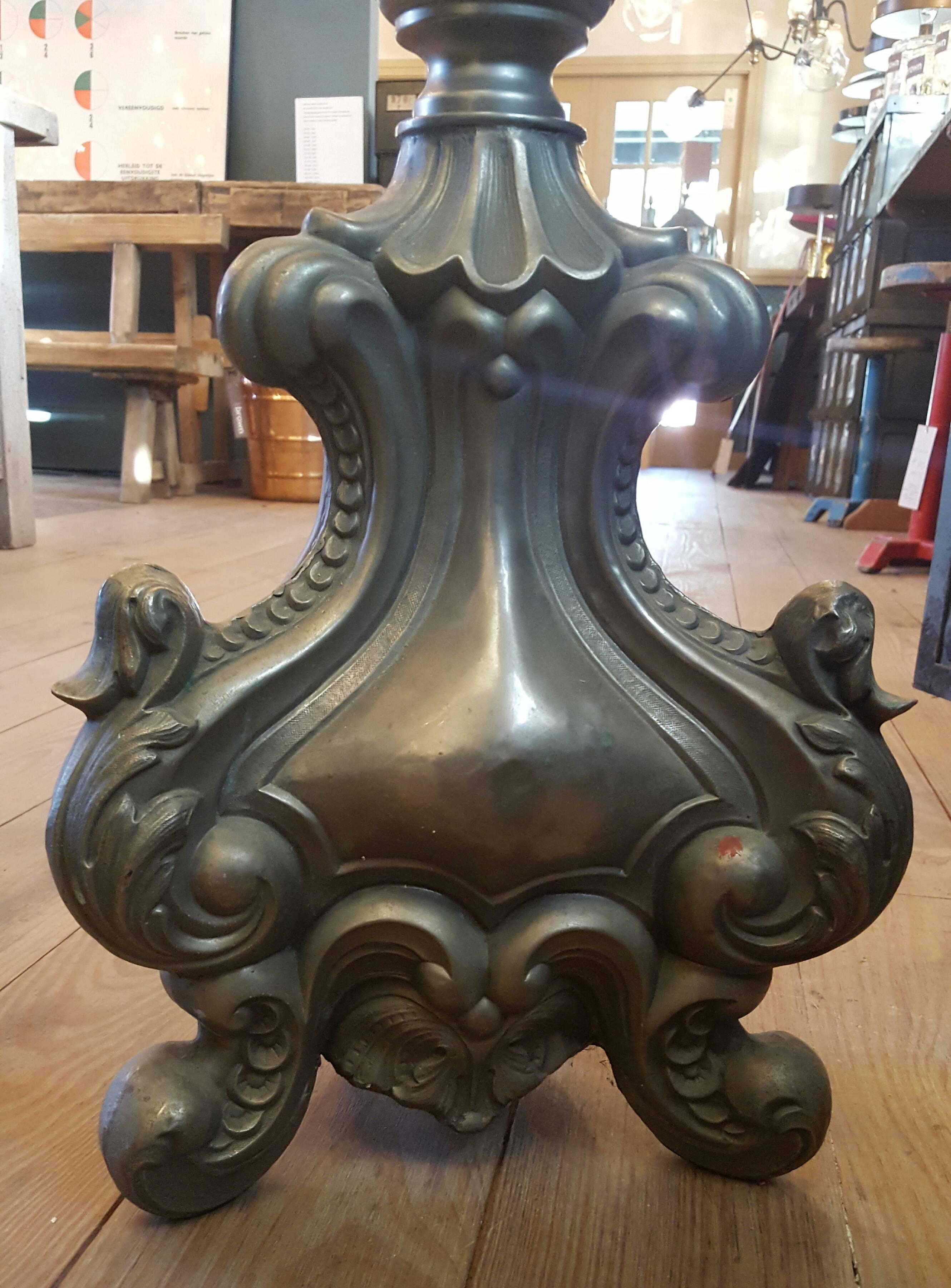 Pewter Colored French Repousse' Floor Candle Holder with Pick, circa 1890 In Good Condition In Houston, TX