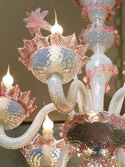 Pink and White Murano Blown Glass Chandelier with Flowers, circa 1940