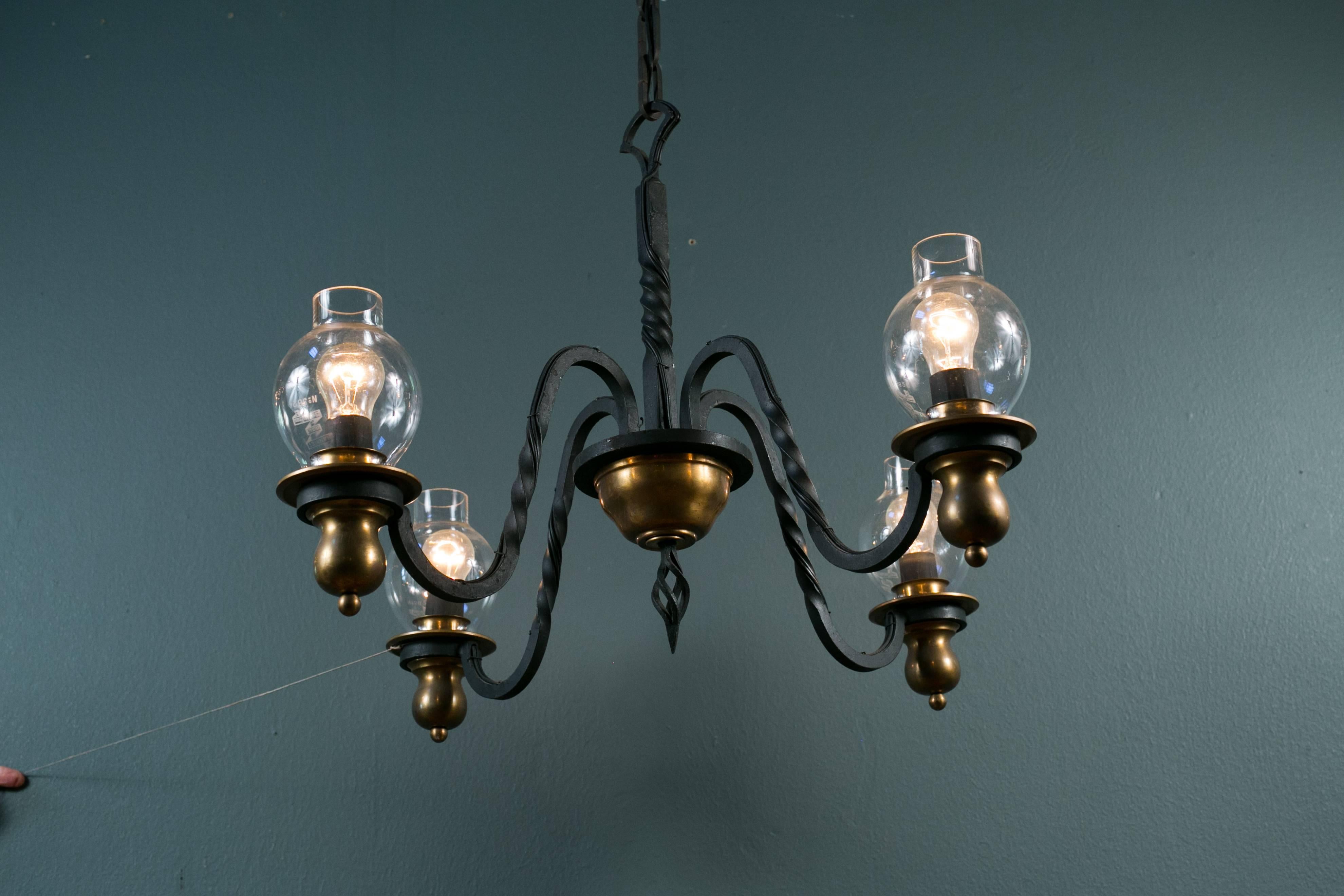 Four-Arm Wrought Iron and Brass Chandelier in the Style of Gilbert Poillerat 1
