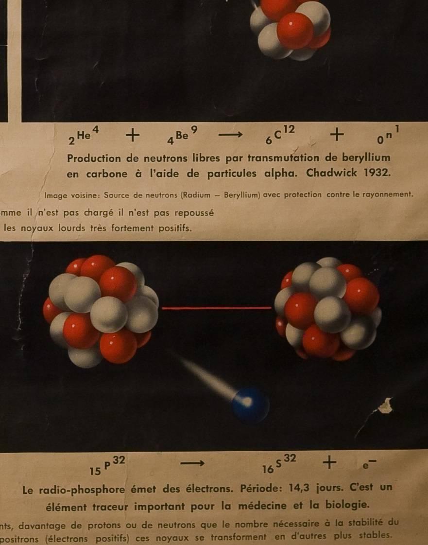 Framed Vintage French Chart of Atoms and Nuclear Transmutation circa 1950 In Good Condition In Houston, TX