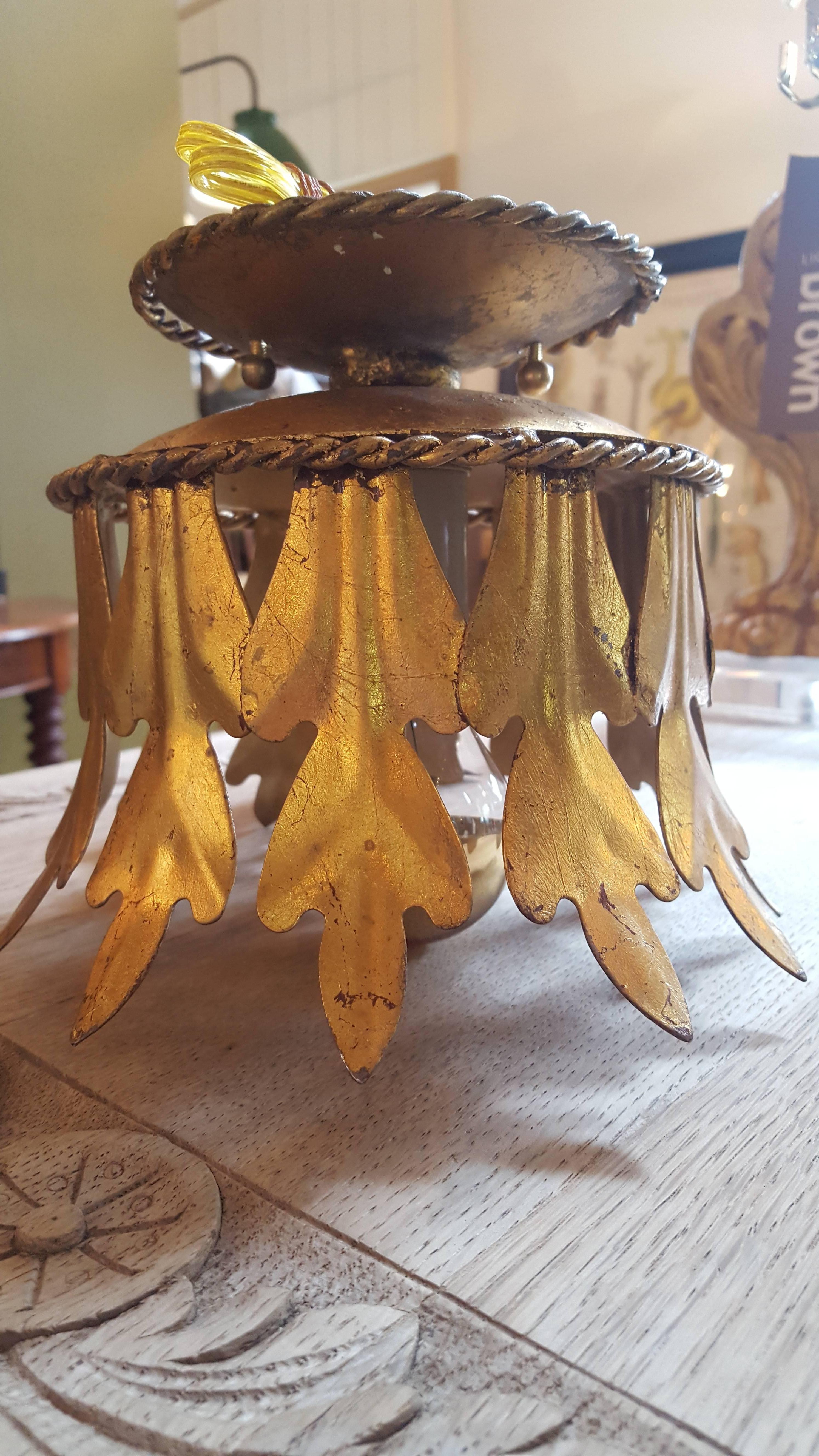 Gilt on Iron Crown Flush Mount or Wall Mount Light, Italy, circa 1960 In Excellent Condition In Houston, TX