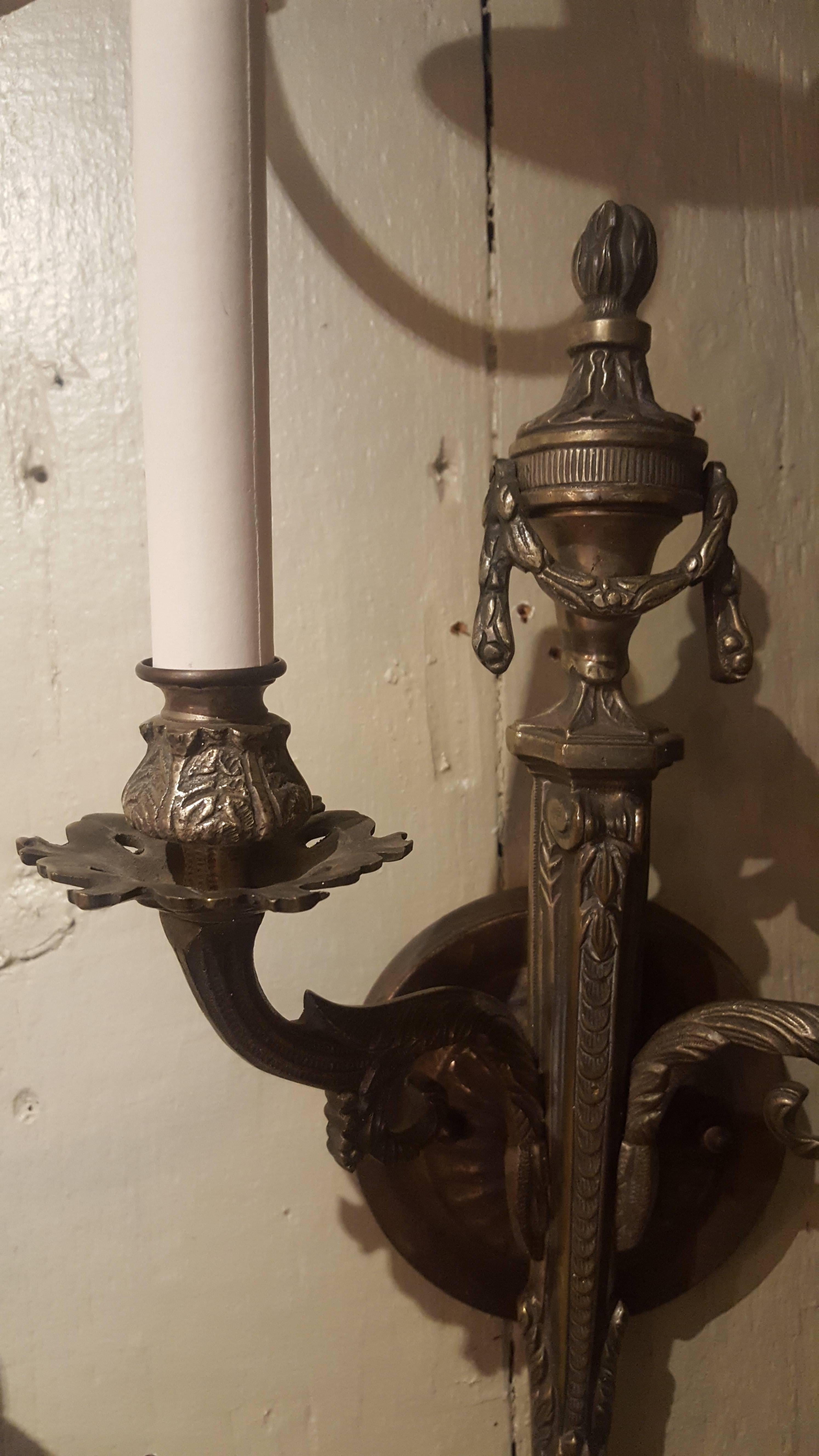 Pair French Two-Arm Empire-Style Bronze Sconces with Urn and Swag Detail In Excellent Condition For Sale In Houston, TX